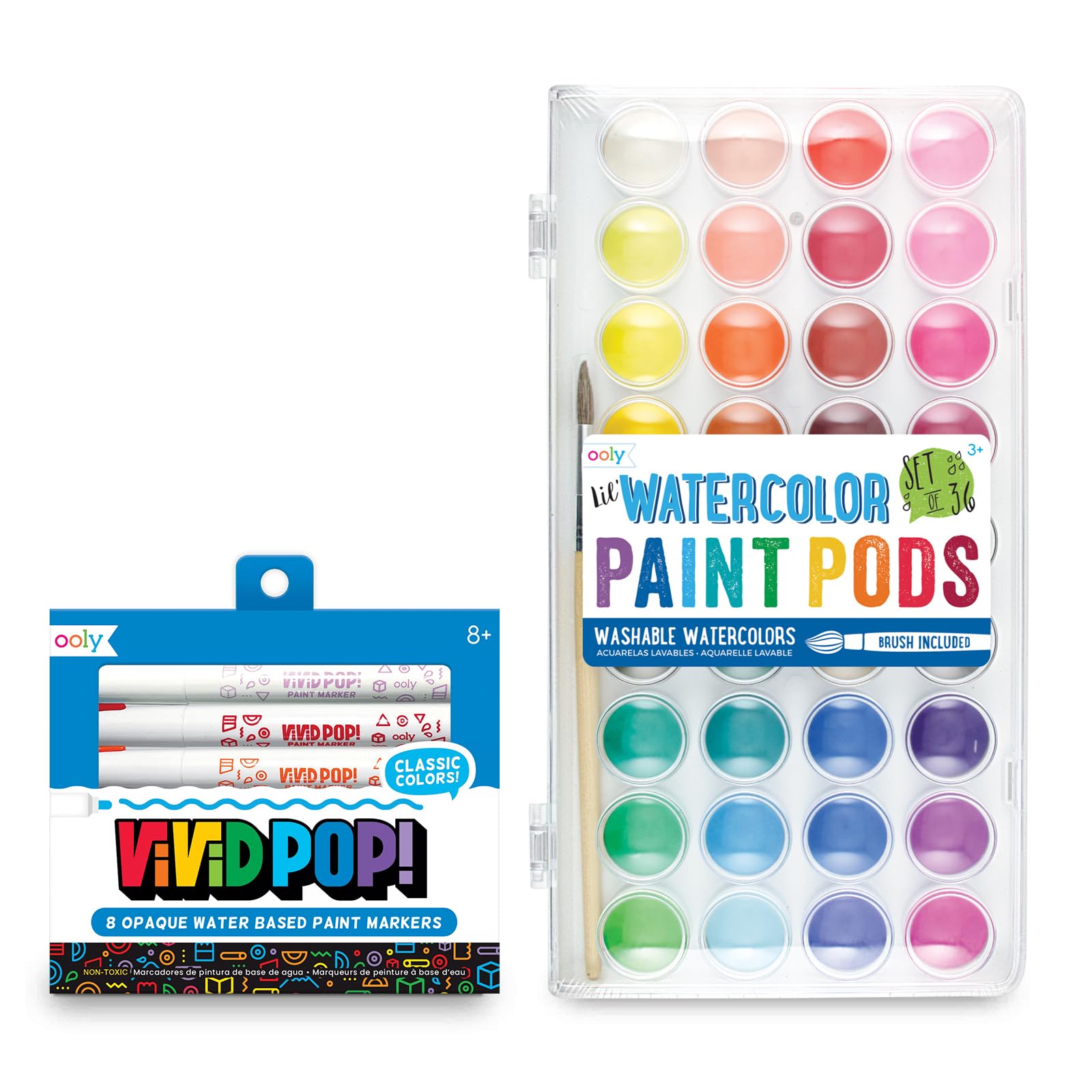 Ooly Vivid Pop! [Set of 8] Super Bright Water Based Paint Markers & Lil' Watercolor Washable Paint Pods Set with Brush, 36 colors & 1 Paintbrush, Washable Watercolors in a Portable Case