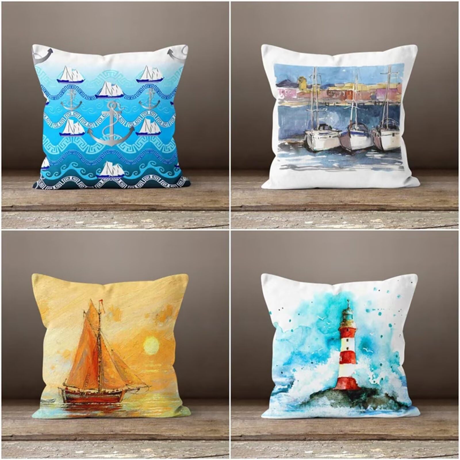 Heaen Outdoor Cushions Covers Waterproof 35x35 cm Set of 4 Square Linen Pillow Cases Yellow Sunset Lighthouse Decorative Dushions for Sofa Porch Patio Home Decor