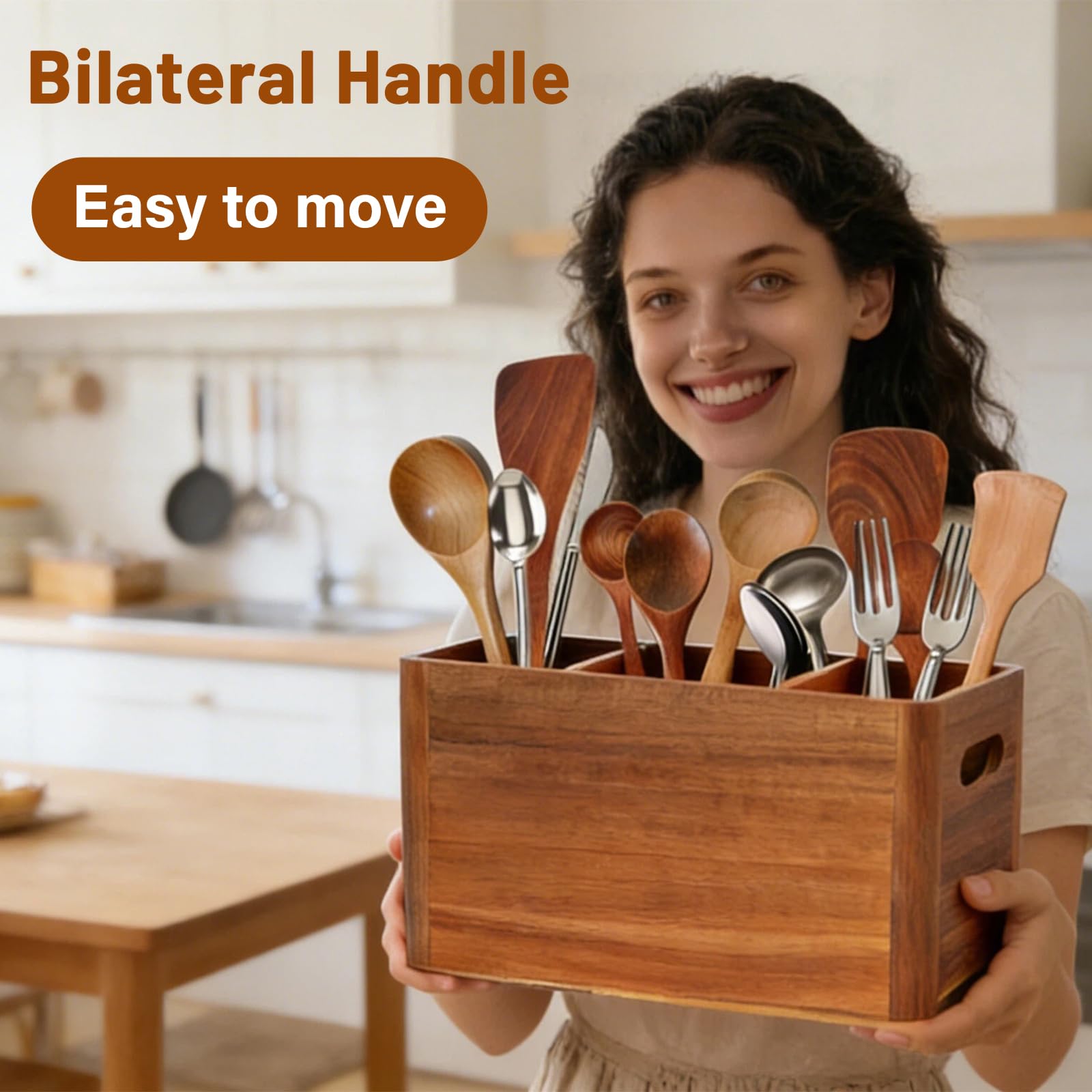 Bote para Utensilios de Cocina Madera, Portarcubiertos de Madera con 3 Compartimentos Recipiente para Utensilios de Cocina para Cucharas, Horquillas, Cuchillos y Almacenamiento de Utensilios