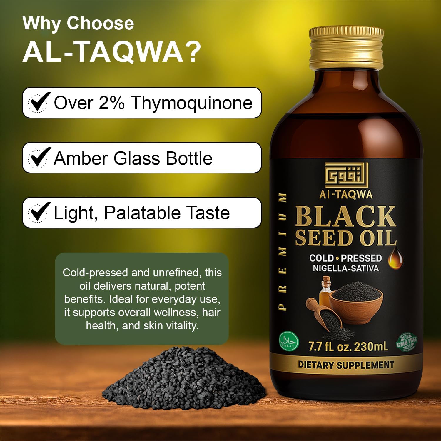 AL-TAQWA Black Seed Oil – Extra Virgin Nigella Sativa (Kalonji) Oil for Hair, Skin & Wellness – Cold-Pressed, Unrefined, Non-GMO, Vegan, Halal – 7.77oz (230ml) Amber Glass Bottle