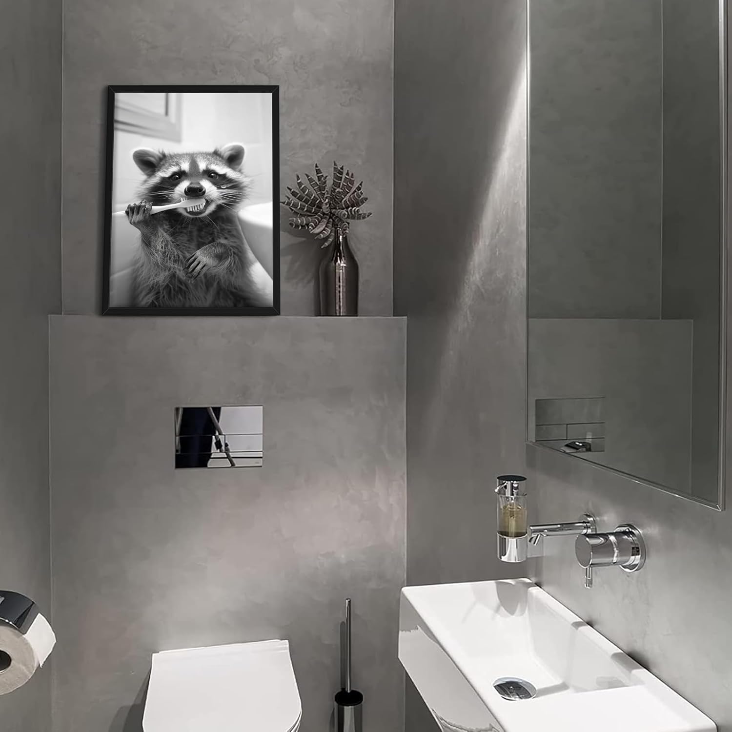 Funny Raccoon Bathroom Wall Art, Black and White Animal Canvas Wall Decor Painting, Modern Rustic Farmhouse Artwork Prints Pictures for Bathroom Restroom 12x16 Inch Framed