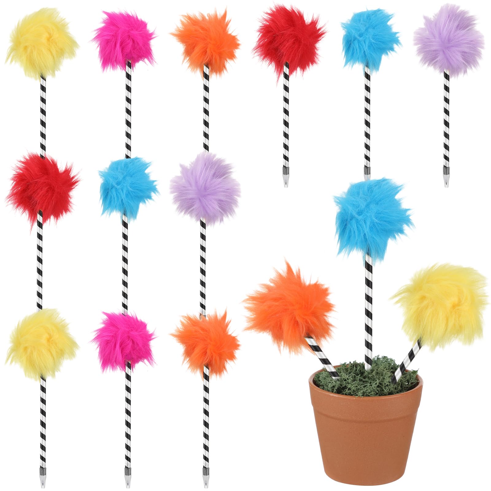Sayglossy 12 Pcs Tree Pompom Pen Colorful Fluffy Ball Pens Cute Fuzzy Pom Pom Pens Gift for 100th Day of School Office, Rose, Orange, Yellow, Purple,