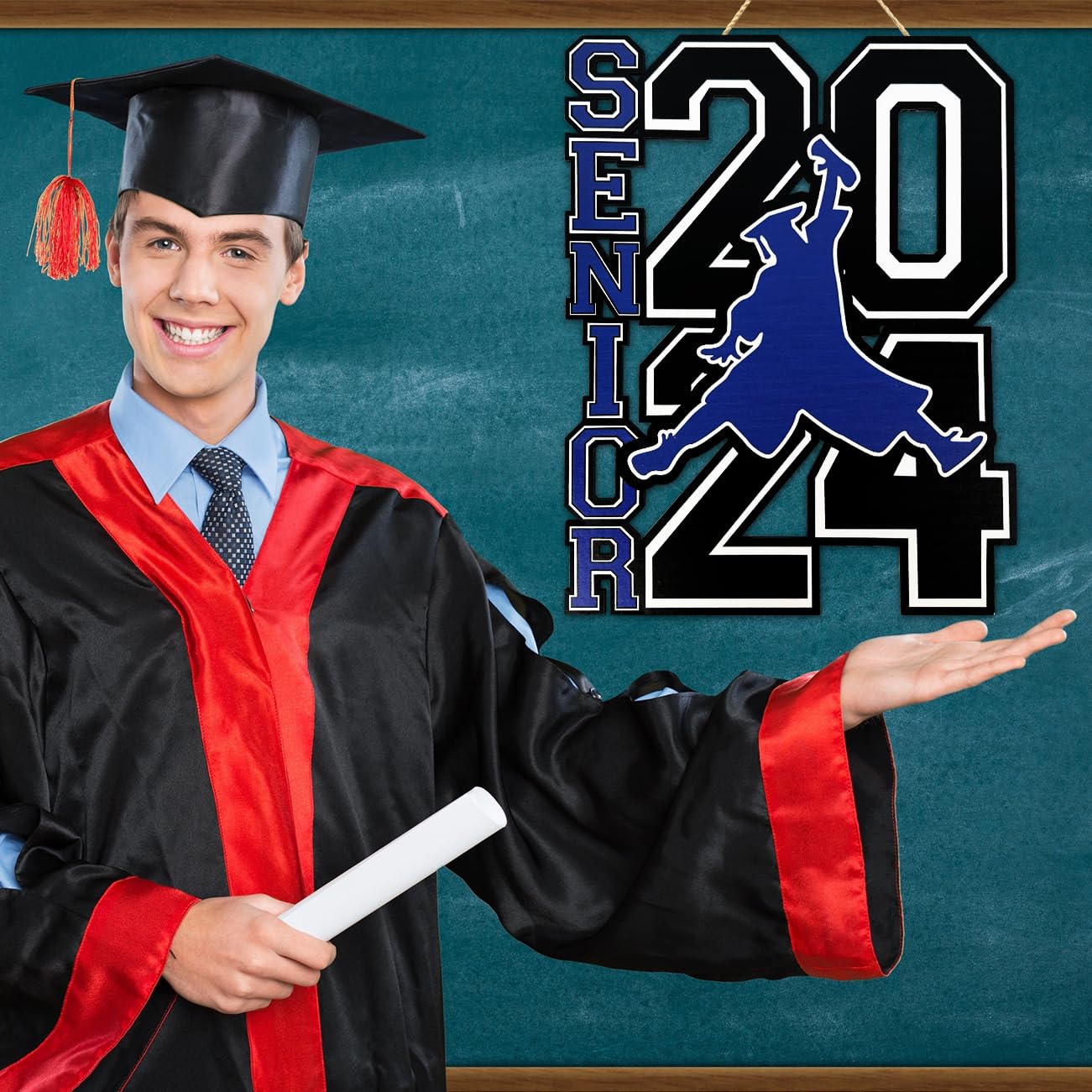 Large Senior 2024 Decorations, Blue and Black Graduation Wooden Sign Senior Photo Props Graduate Hanging Sign for 2024 Senior Graduation Party Supplies 16.5x12.8 Inches