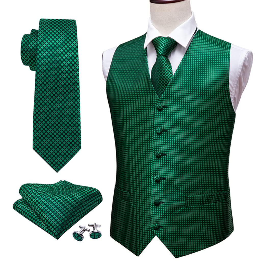 Gilet plaid en soie verte avec cravate et boutons de manchette JFDBGU pour mariage en taille 3XL