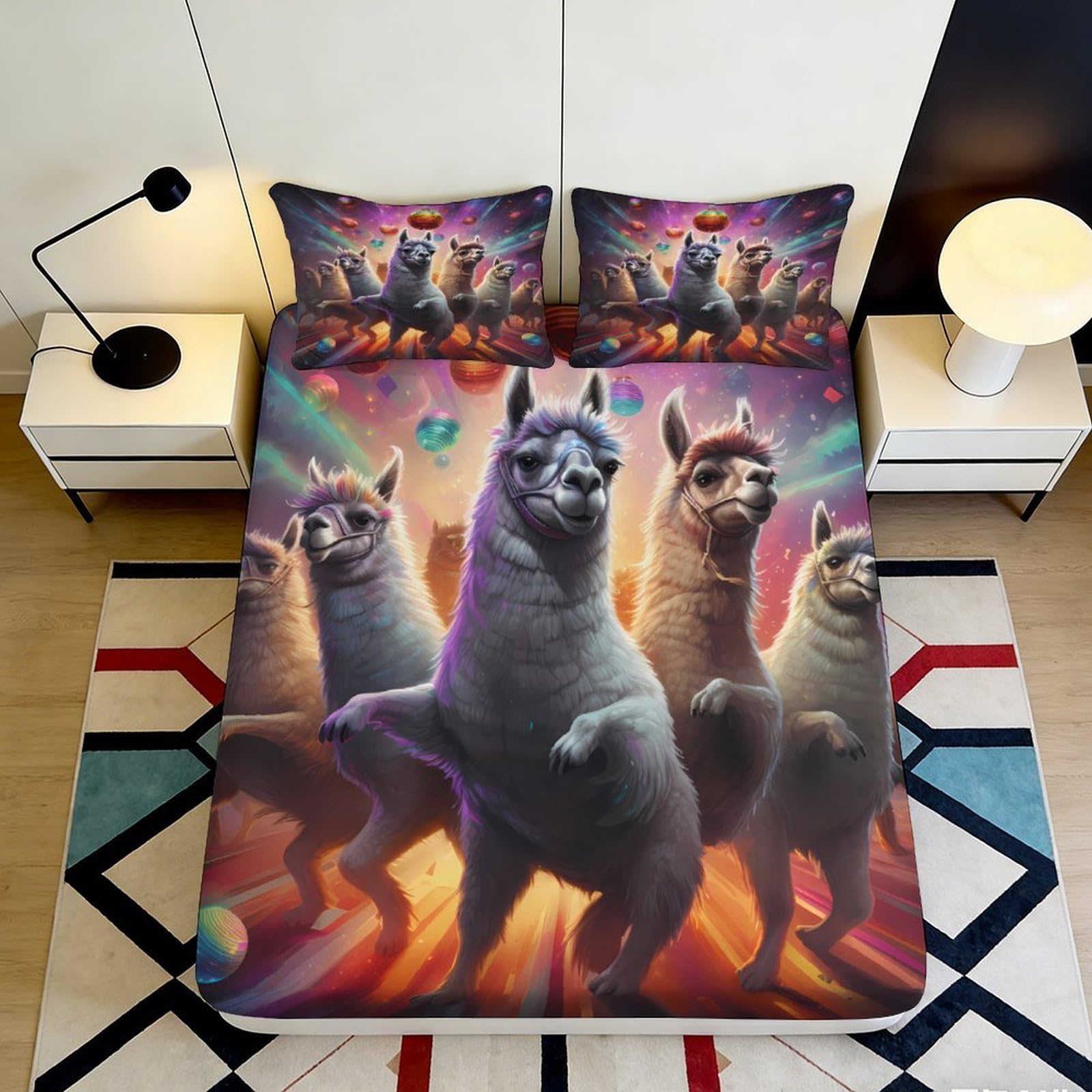 3D Printed Llama Galaxy Fitted Sheet Microfiber Deep Pocket Bedroom Bedding Set Llama Mattress Fitted Cover Non-Slip Full Wrap 200x200x25cm
