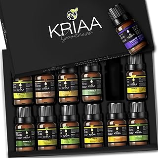 KRIAA Goodness Essential Oils Set 12x10ml, Gift Box Aromatherapy, Bergamot, Cedarwood, Eucalyptus, Frankincense, Lavender, Lemon, Lemongrass, Peppermint, Ylang-Ylang, Rosemary, Sweet Orange & Tea Tree