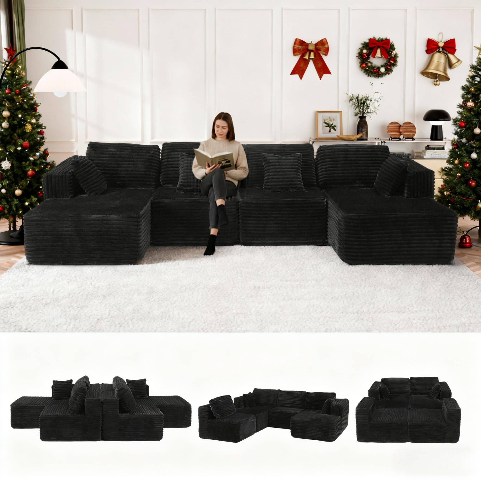 Topcomfy 132" U Shaped Sectional Couch, Large Modular Cloud Couches with Double Chaise Lounge, Comfy Flannel Cloud Sofa with Pillows, Boneless Couches