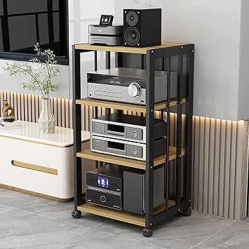 4-Tier AV Media Stand Component Cabinet Rack Audio Tower with Adjustable Shelves, Stereo Audio Rack Stand with Wheels, Corner Entertainment CenterBlack2