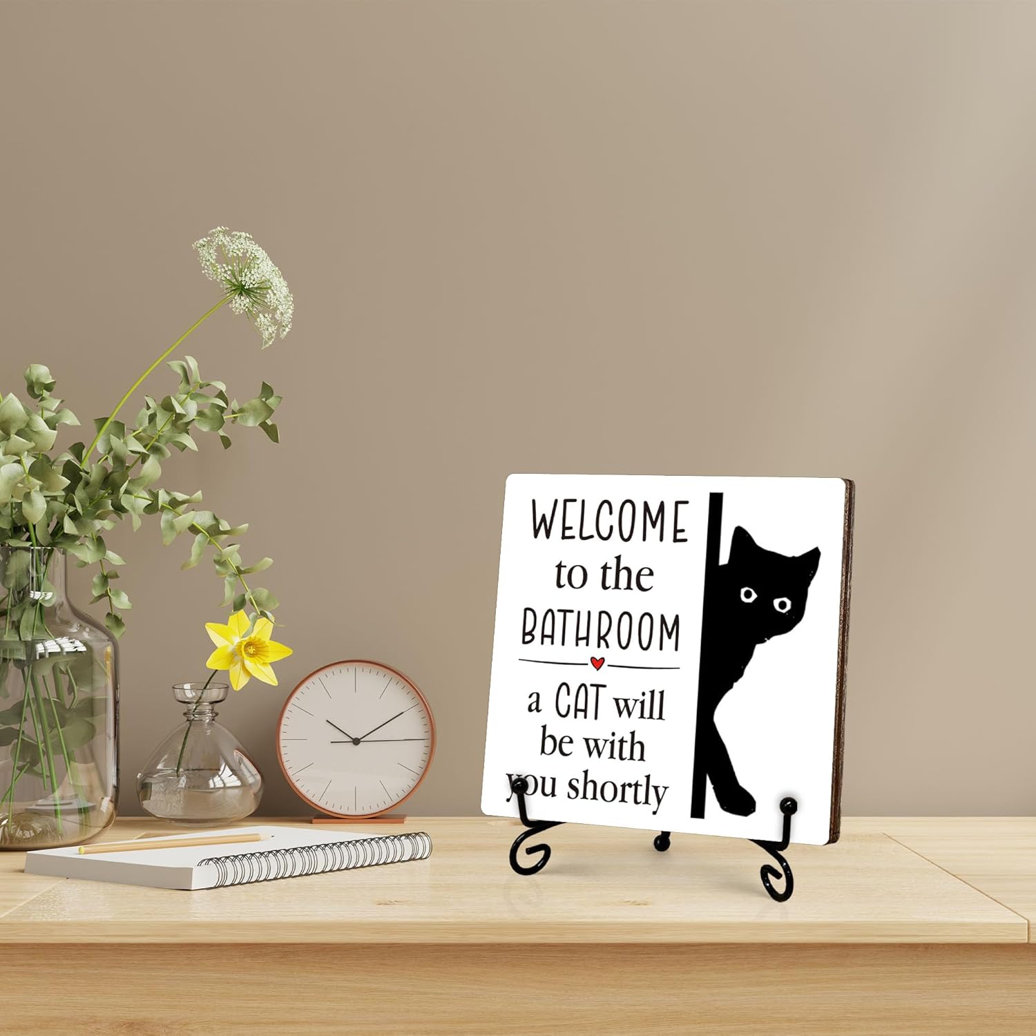 Black Cat Bathroom Decor, Welcome to the Bathroom Wooden Sign, Humorous Black Cat Wood Signs for Restroom Toilet Counter Shelf, Home Rustic Farmhouse Bathrooms Decoration, 5"x5"-C14 - Image 5