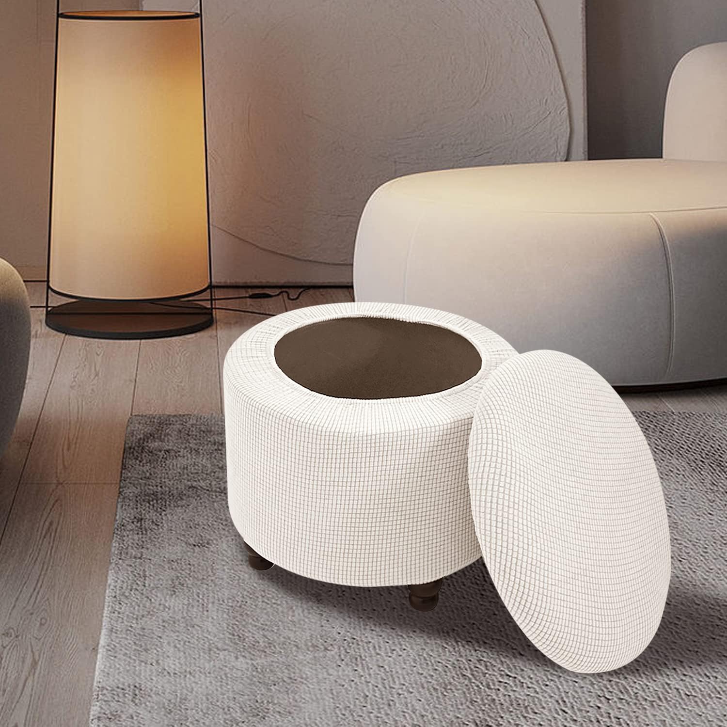 Round Ottoman Cover with Storage 2-Piece Stretch Stool Slipcover Soft Footstool Protector Covers Removable Washable Storage Stool with Cover Lid Folding Stool Covers for Home Decor (New White)