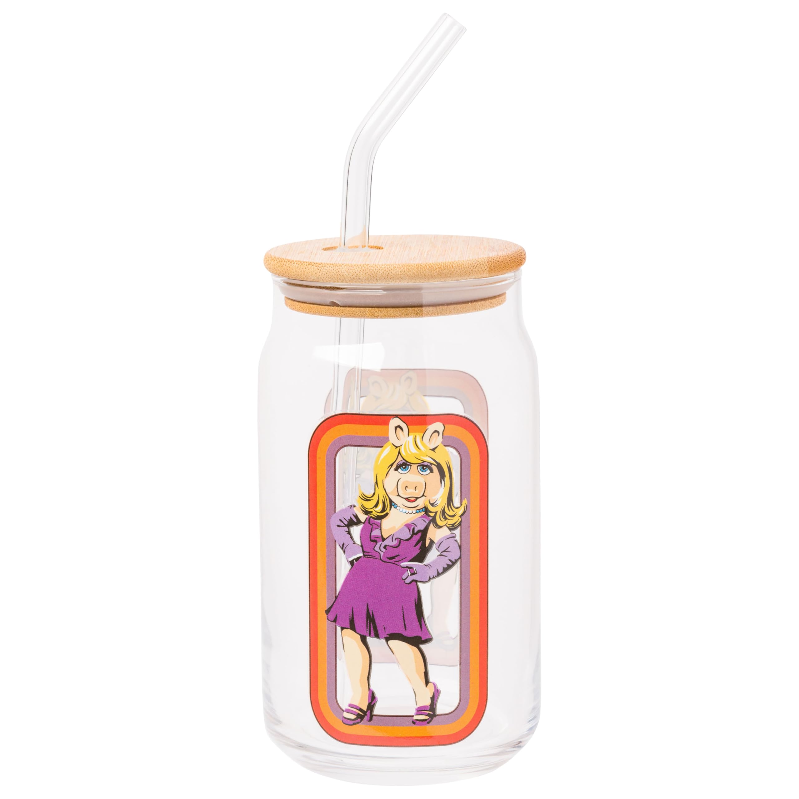 Silver Buffalo Muppets Featuring Miss Piggy Glass Jar Tumbler with Bamboo Lid and Glass Straw, 16 Ounces