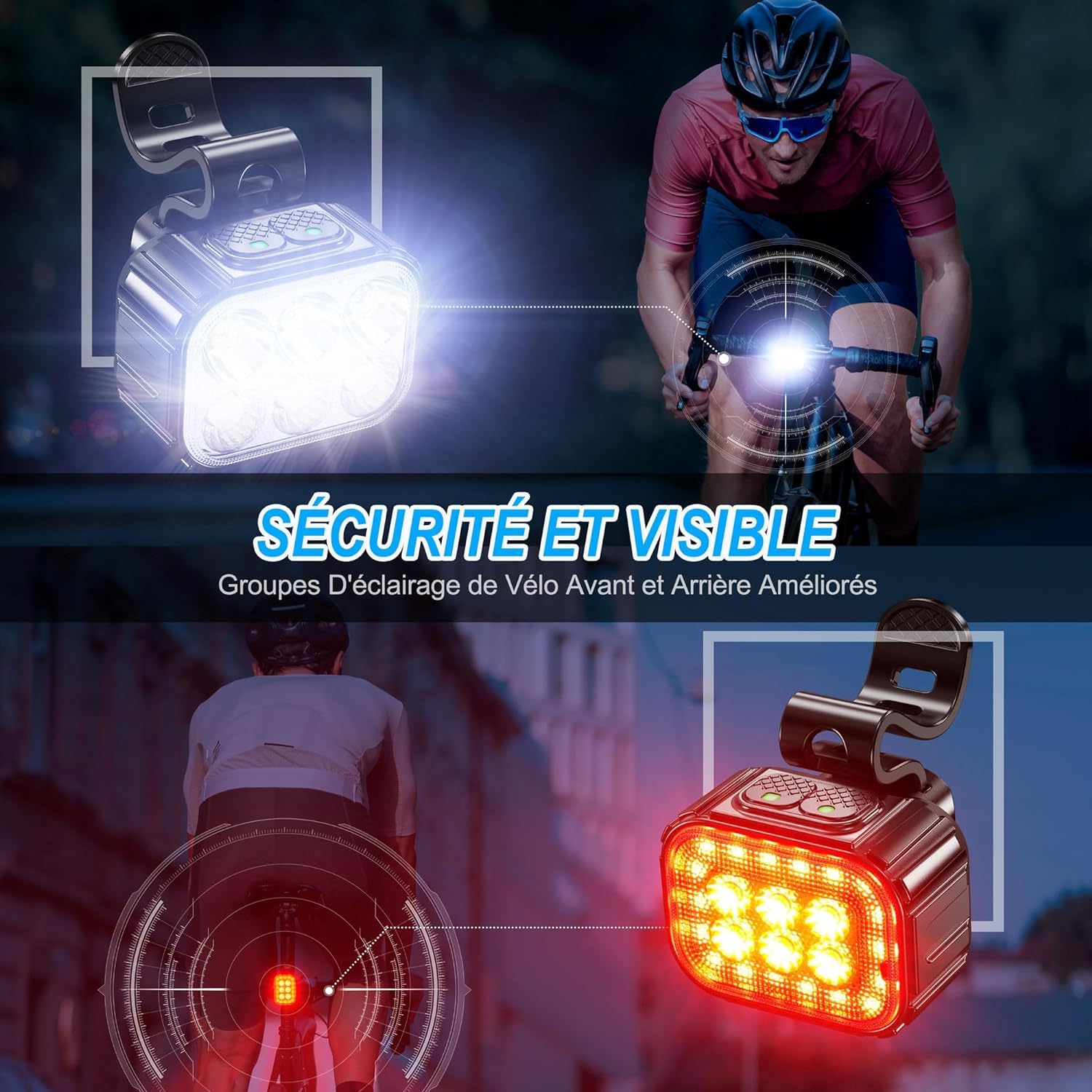 Przednie i tylne światło rowerowe, 8 + 12 trybów oświetlenia LED, wodoodporne, IPx6, USB ładowalne, światło rowerowe, nadaje się do rowerów górskich i kempingowych, długa żywotność baterii.