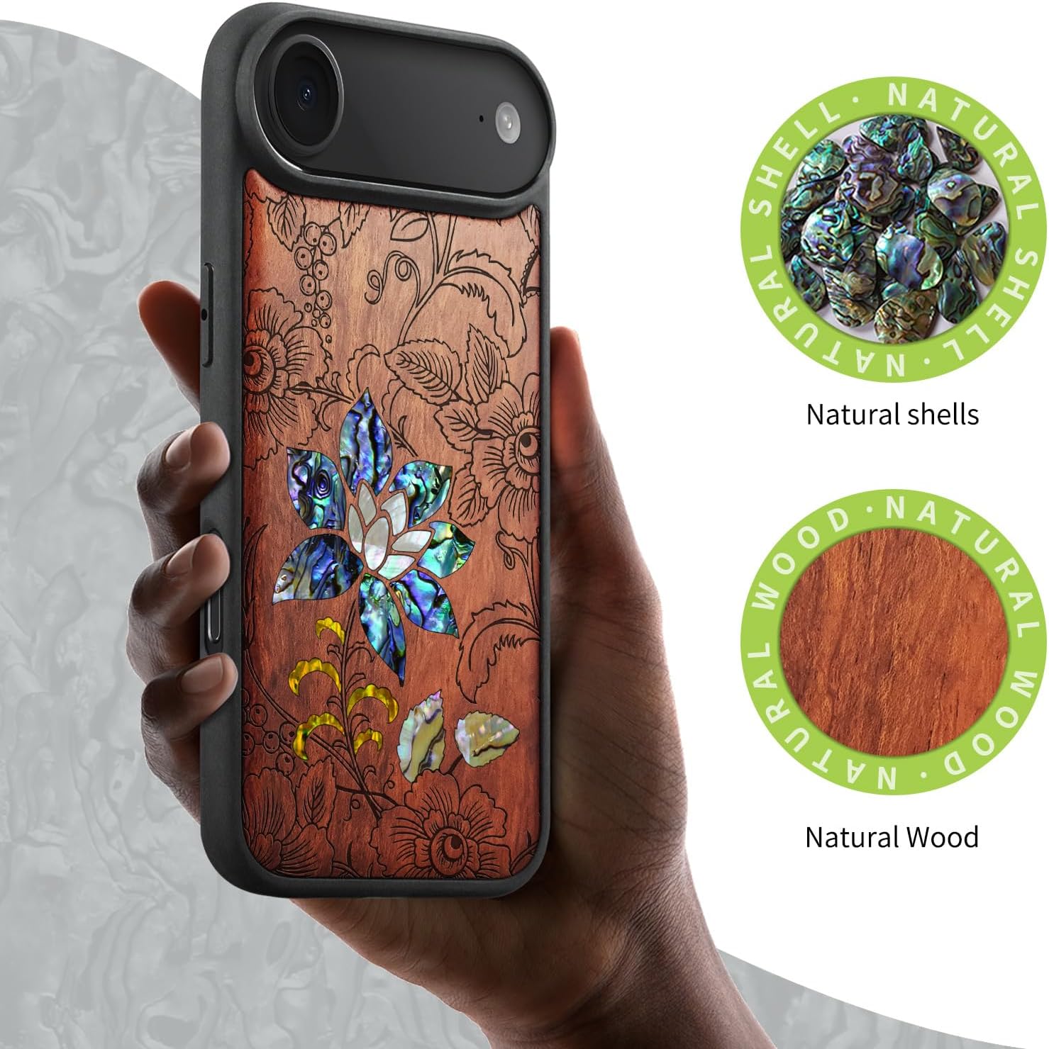Carveit Magnetic Case for iPhone Air Case, Wood Artisan Engraved & Handmade Shell Inlaid, TPU Shockproof Cover, Compatible with MagSafe 17 Air Wireless Chargers (Flowers and Leaves-Rosy)