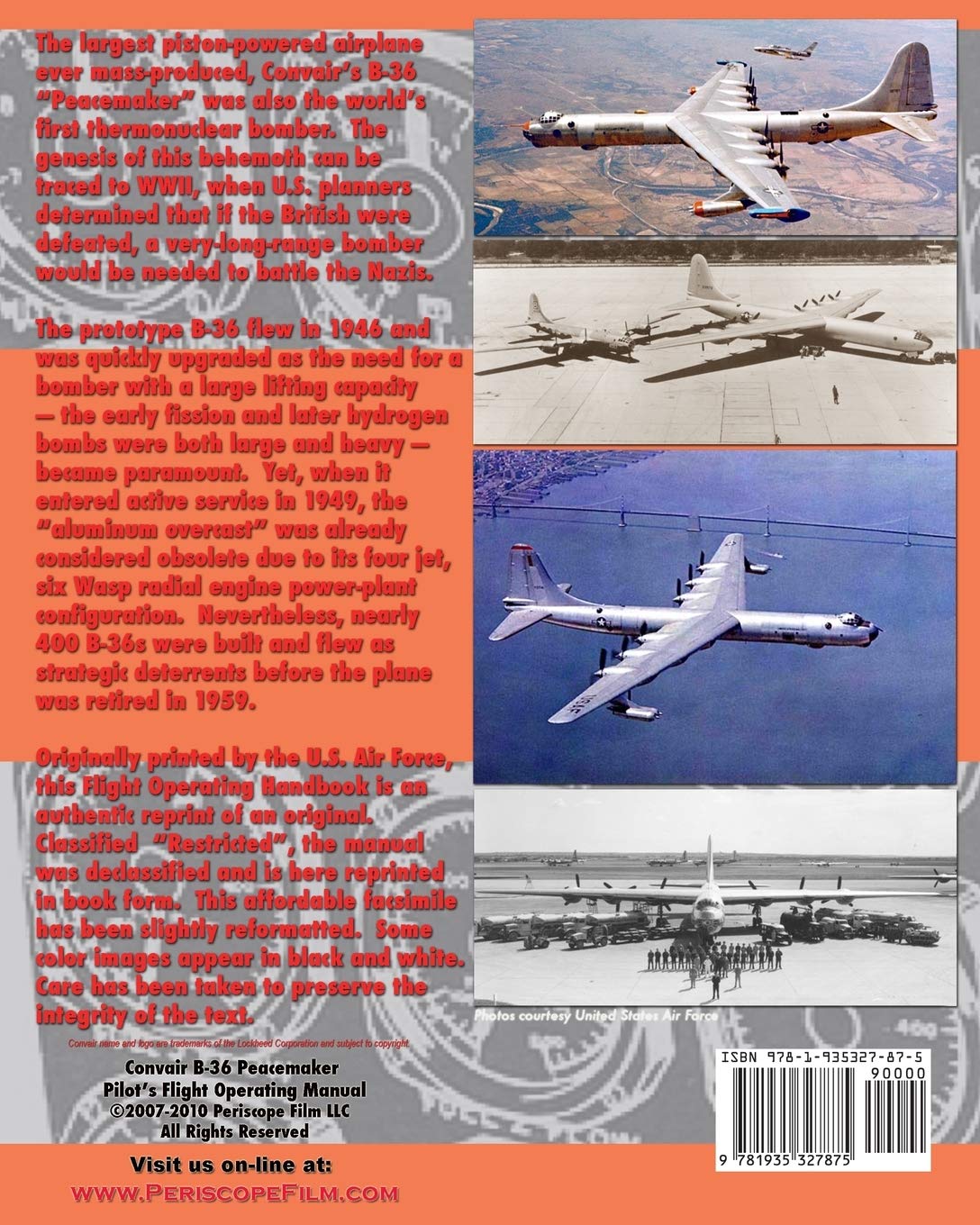Back cover of the Convair B-36 Peacemaker Pilot's Flight Operating Instructions manual