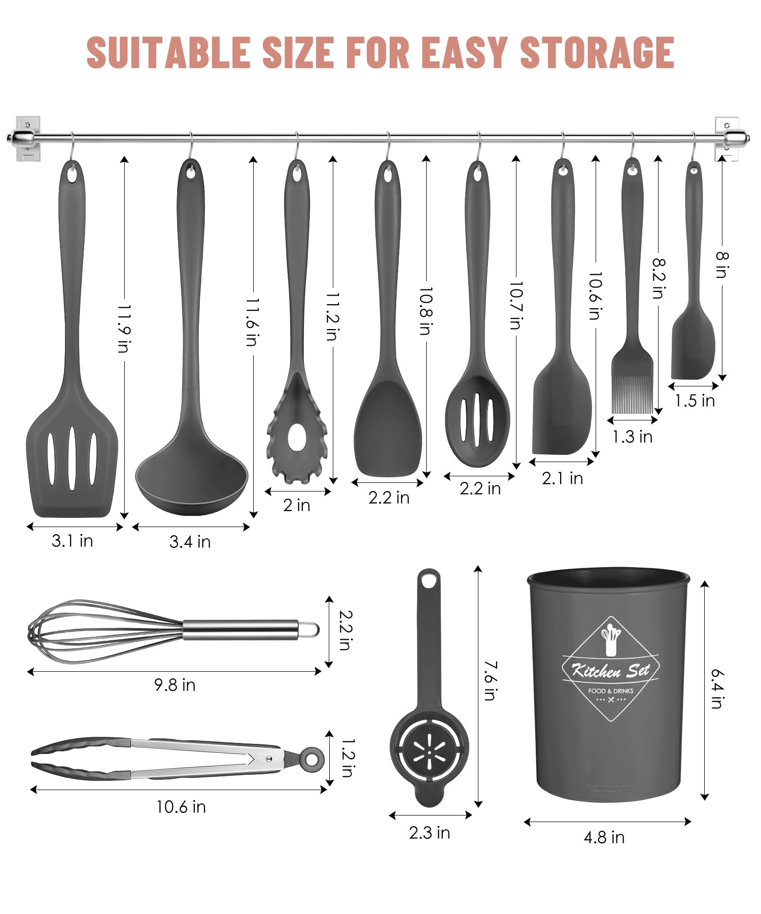 Juego de utensilios de cocina, 12 piezas de utensilios de cocina de silicona (aptos para lavavajillas) 200.0 °C, resistentes al calor, utensilios de cocina antiadherentes