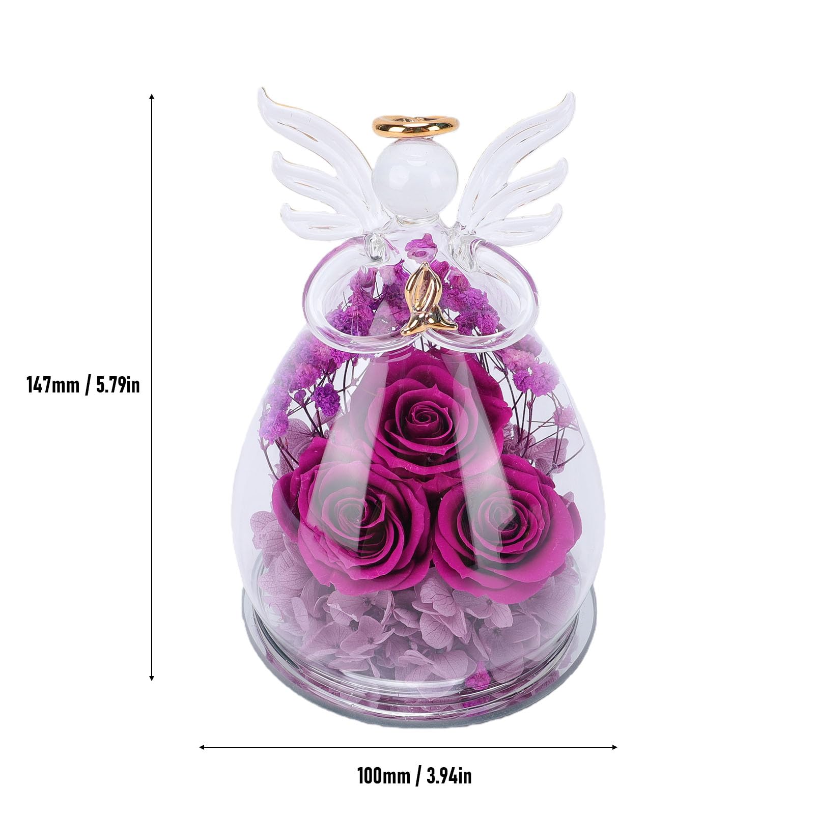 Figurina di Angelo con Fiori Conservati in Vetro, Statuetta di Rosa Eterna in Vetro, Fiori per Sempre, Rose, Regali per Donne, Mamma, Compleanno, Anniversario, Nonna, Moglie
