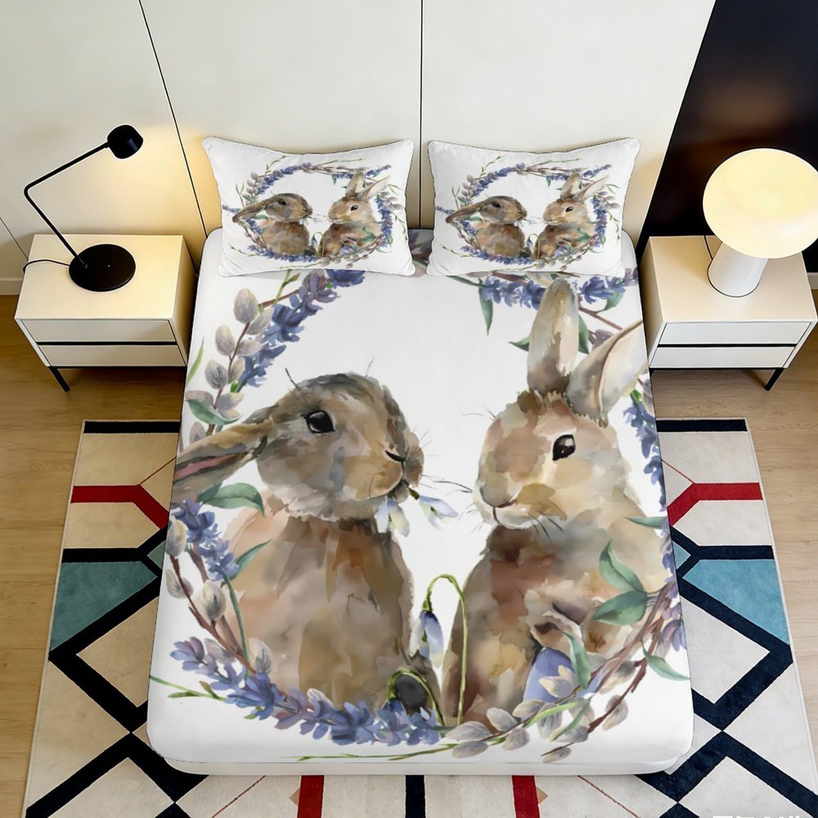 3D Printed Bunny Floral Fitted Sheet Microfiber Soft Breathable Rabbit Wreath Mattress Cover for Bedroom Dorm Decor 140x200x25cm