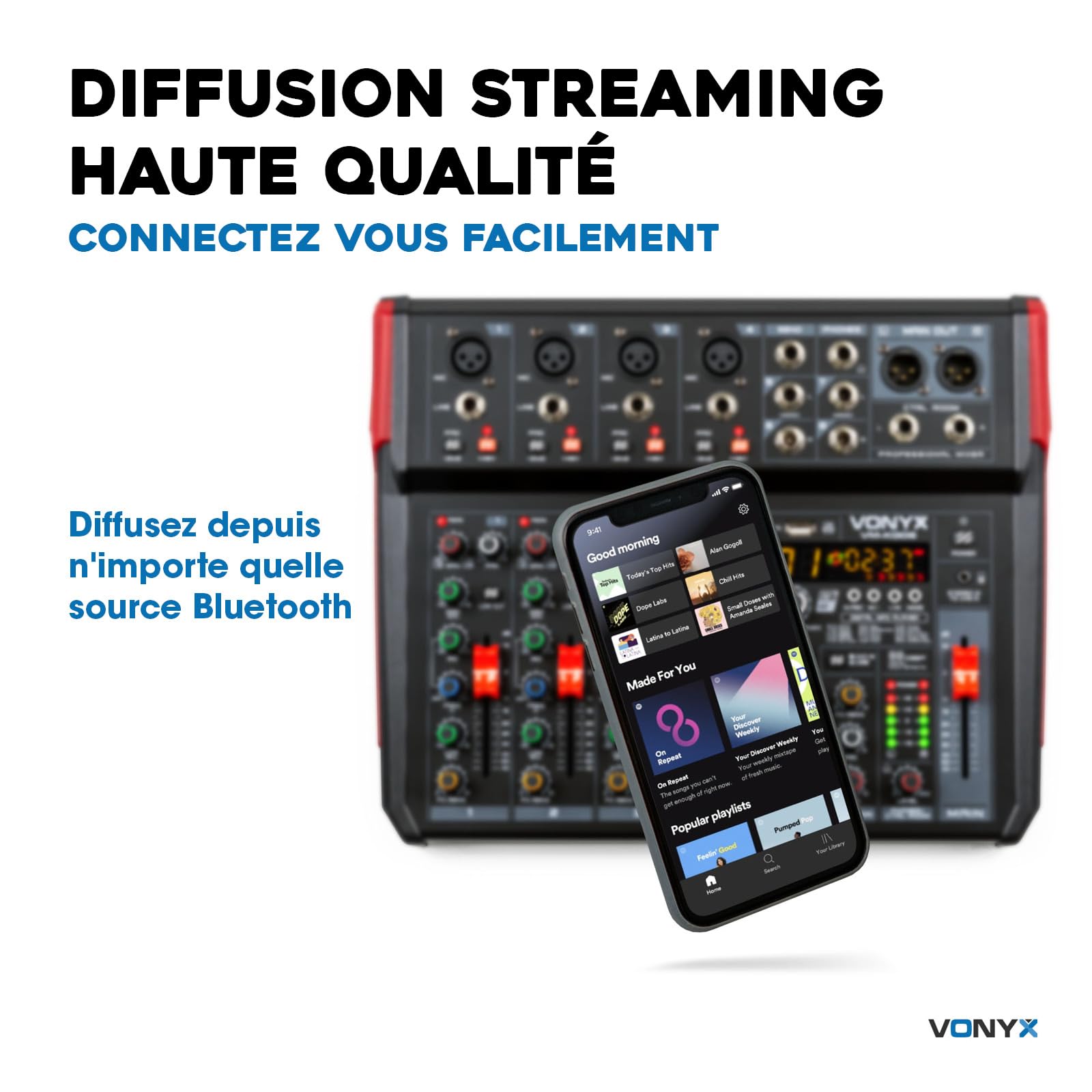 Vonyx VM-KG08 Console de Mixage 8 Canaux - Avec Bluetooth, Lecteur MP3, Interface Audio USB, Processeur de Son, Alimentation Fantôme, Écran LED, Idéal pour les Bars, Petite Salles de Concerts