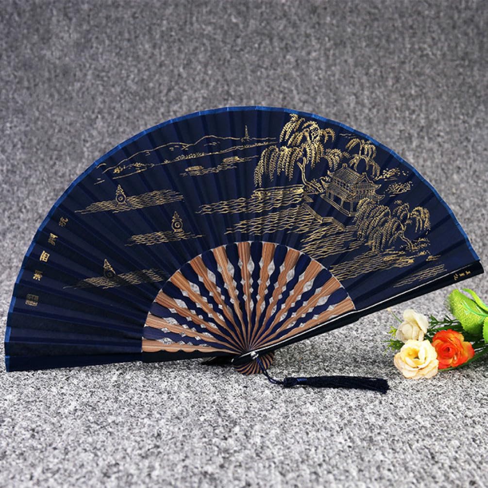 METTEOR Folding Fan Silk Folding Dance Fan Portable Vintage Lady Folding Fan Chinese Landscape Fans Summer Women Hand Fan Tea Pot
