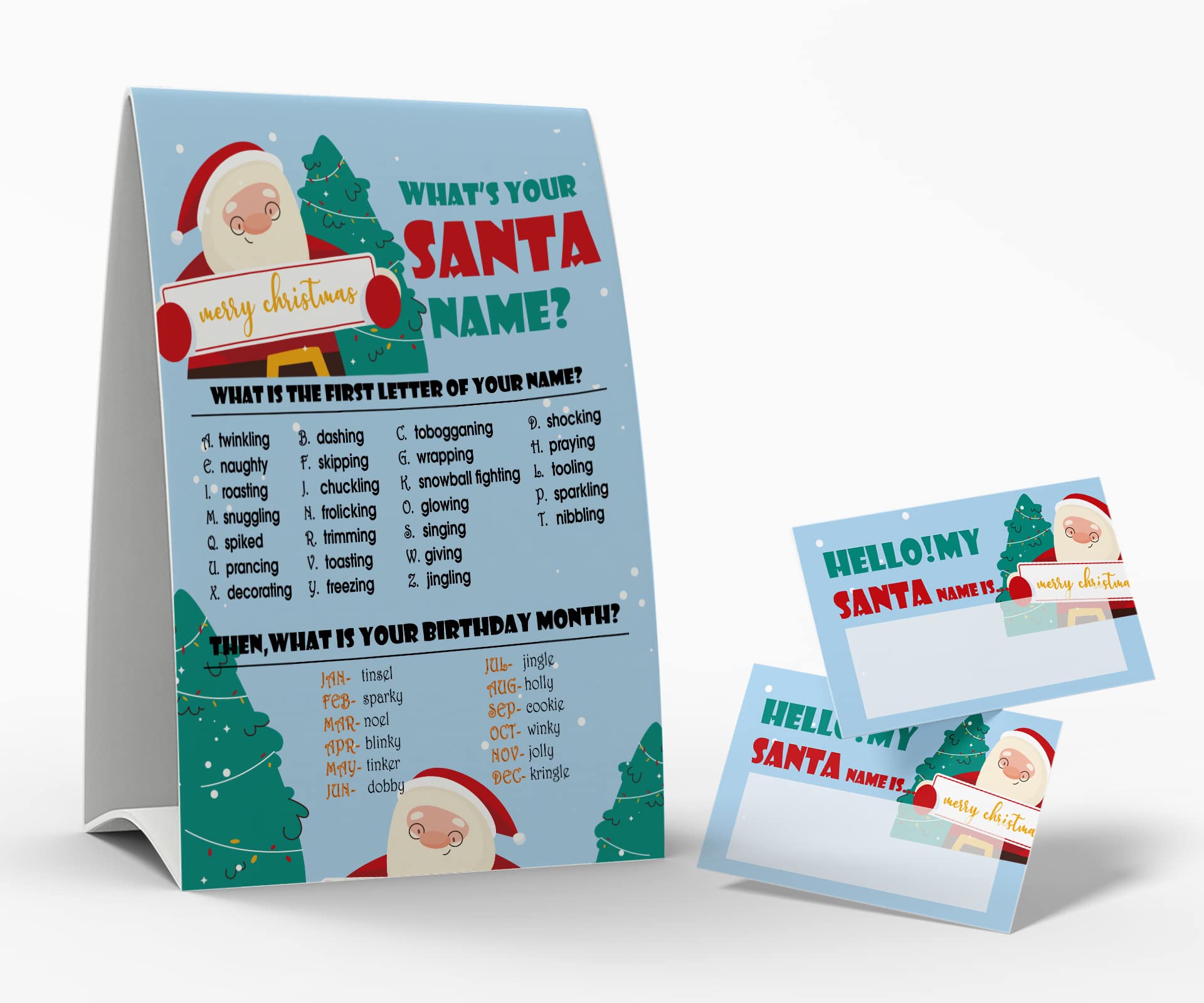 What's Your Santa Name Game, 1 Santa Theme Sign and 50 Name Tag Stickers, Christmas Party Games, Birthday Game for Kids and Adult Parties, Activity Game for Office or Class | JRKP051L