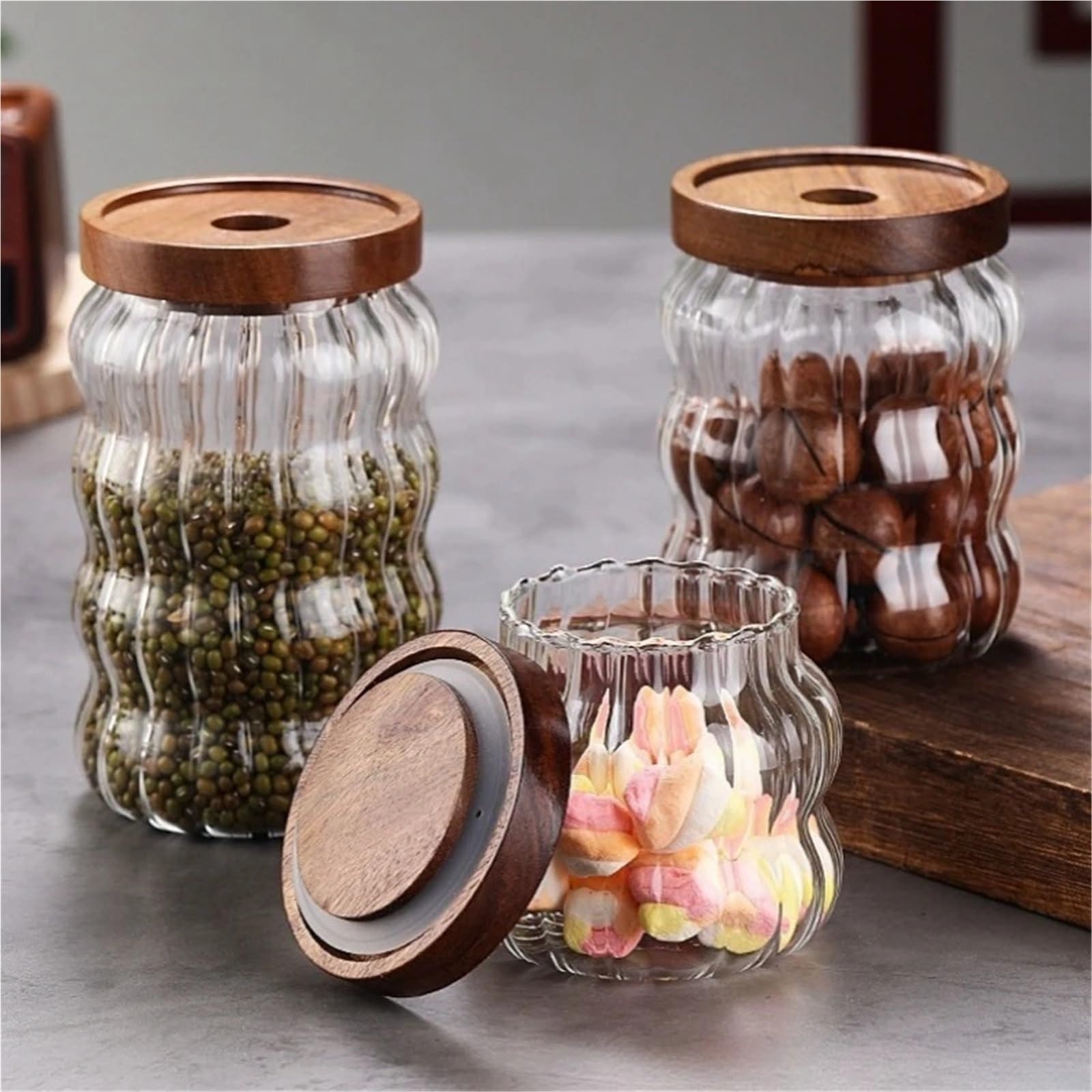 Tarro De Caramelo A Rayas Con Tapa Madera, Frascos Botellas Almacenamiento, Dulces Para Caramelos(750ML)