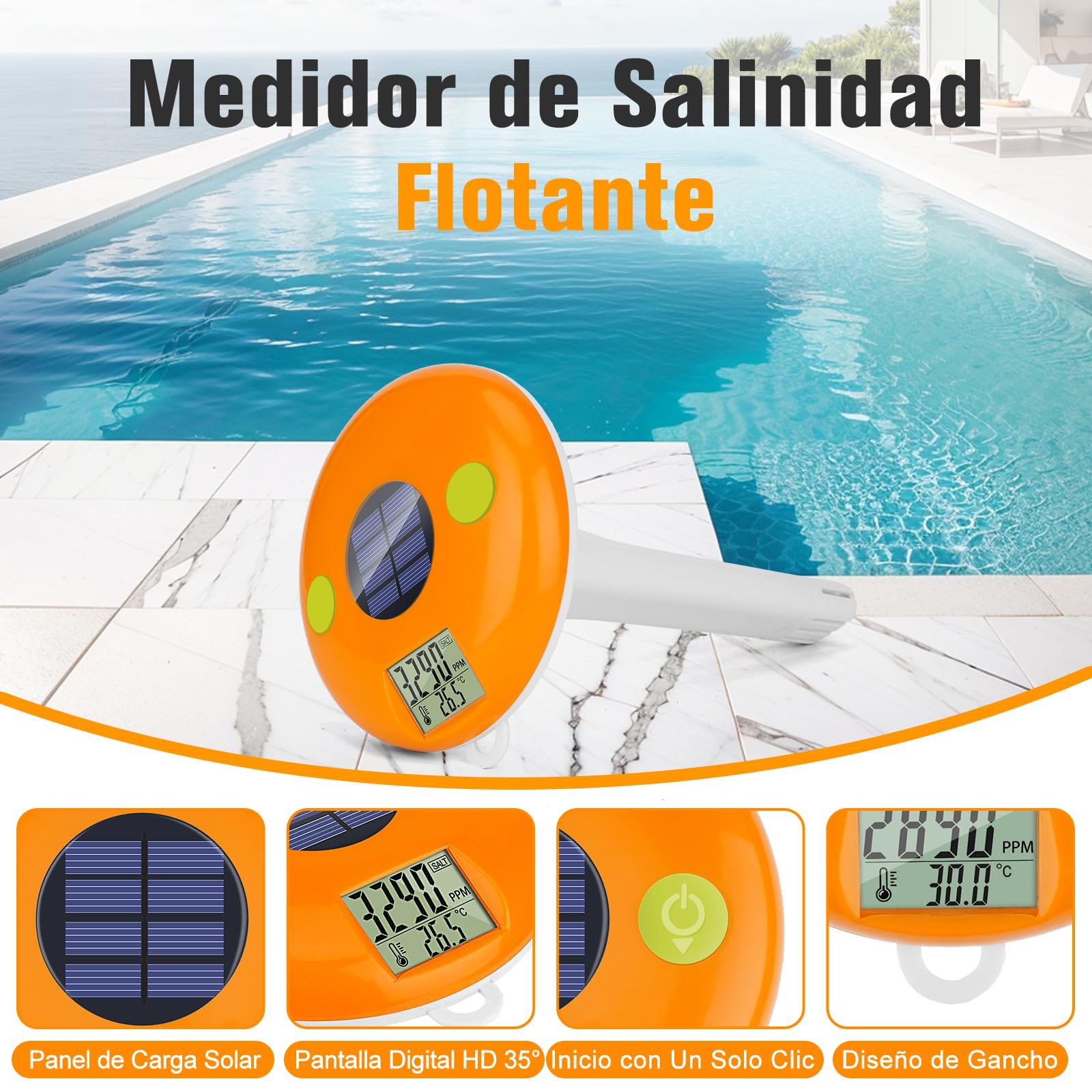 UIUZMAR Medidor de Sal Solar y Termómetro Flotante para Piscinas, Comprobador Digital de Salinidad y Temperatura para Agua Salada, Jacuzzis, Spas y Estanques