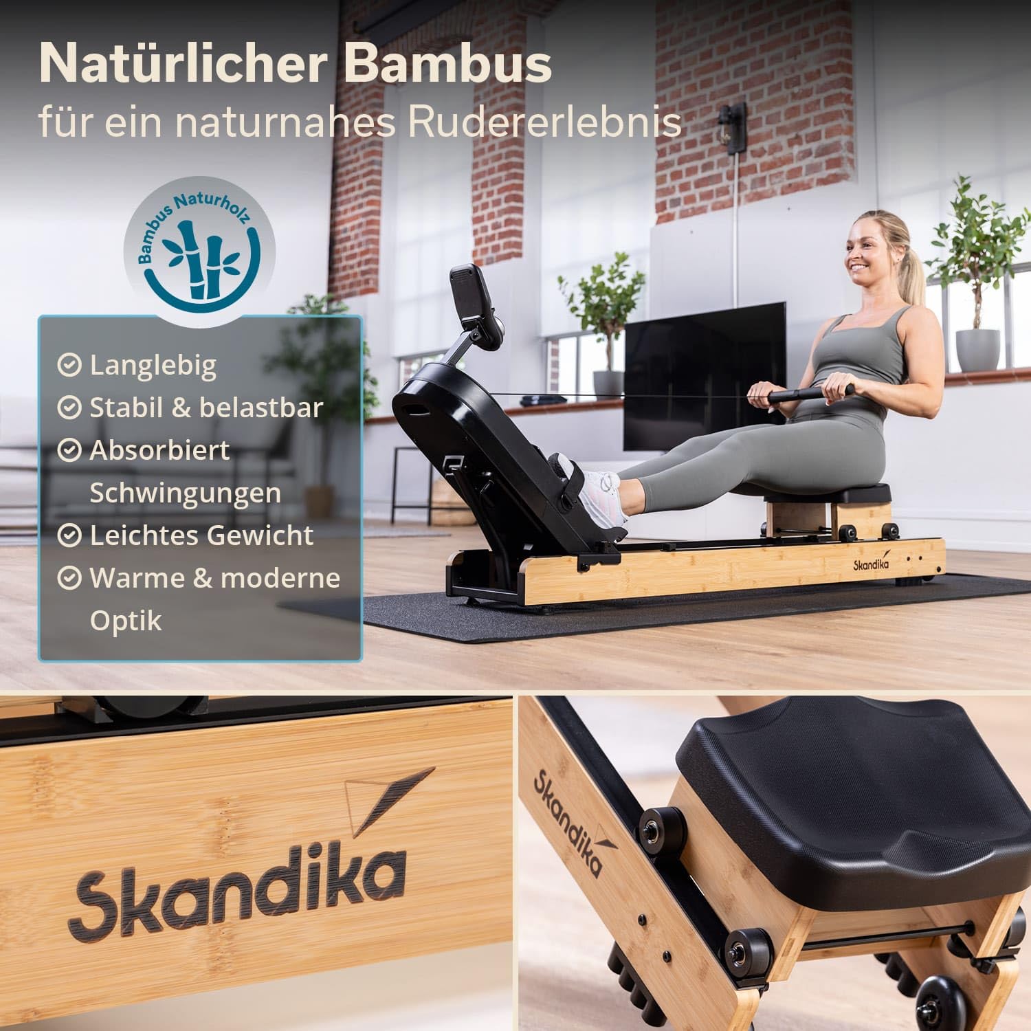 Skandika Vogatore in legno per uso domestico Rovek - Resistenza magnetica con 32 livelli | Sistema con massa volanica da 6 kg - Compatibile con l'app Kinomap - Fino a 195 cm