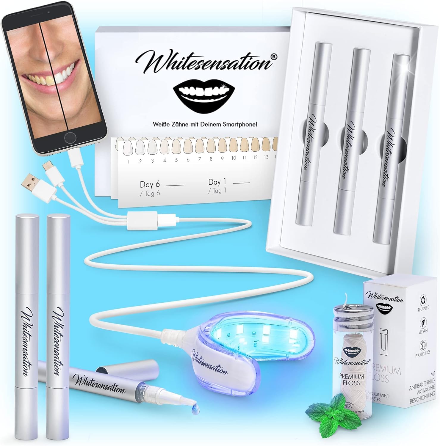 Whitesensation® Juego de blanqueamiento dental premium [+ recambio] con carril LED, bolígrafo de gel y tiras [el original] blanquear los dientes para dientes blancos en 6 días - Kit de blanqueamiento