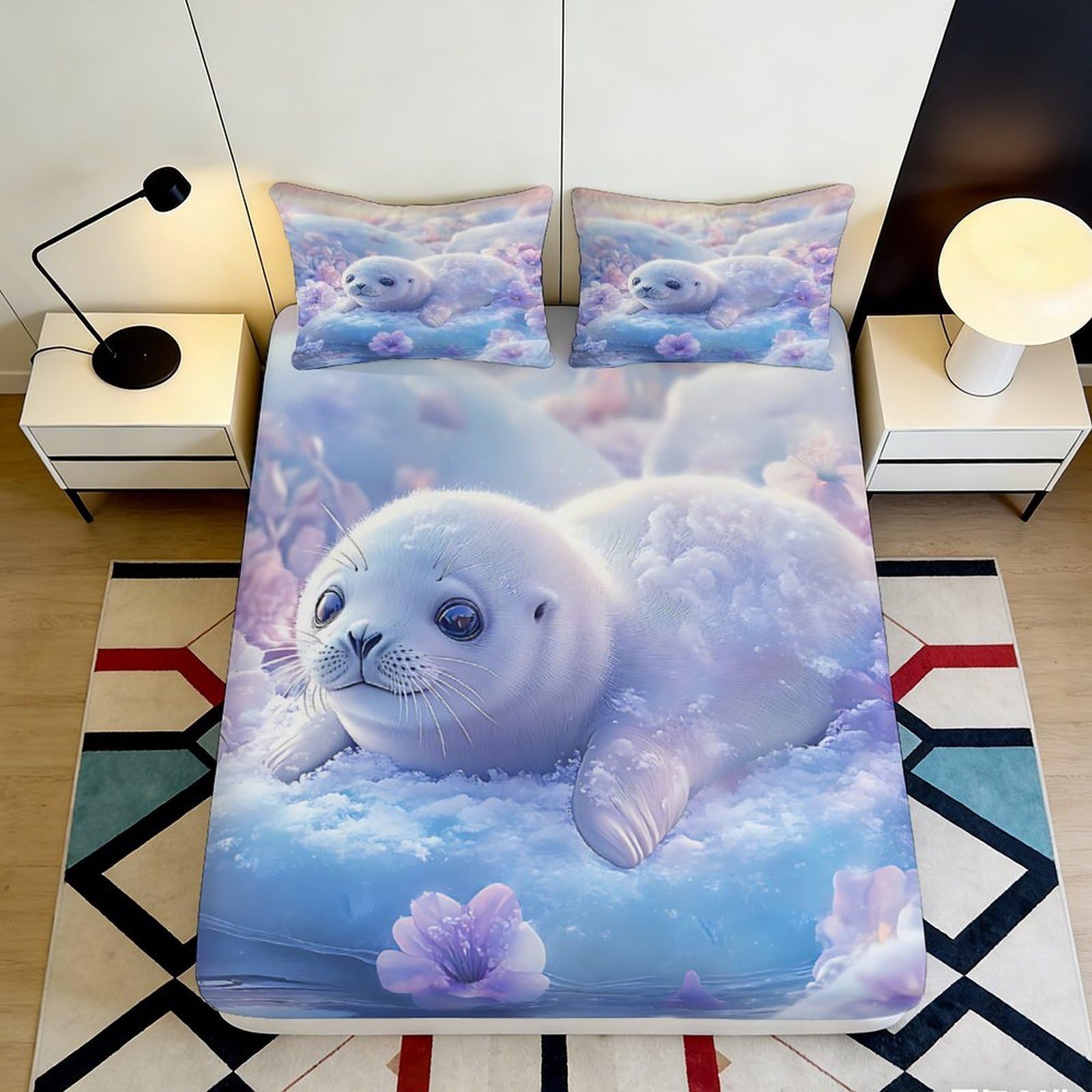 Ctjqhvmx Style-1 3D Printed Seal Pattern Fitted Sheet Microfiber Deep Pocket Bedroom Bedding Ocean Style Mattress Fitted Cover Washable 90X200x25cm 90X200x25cm