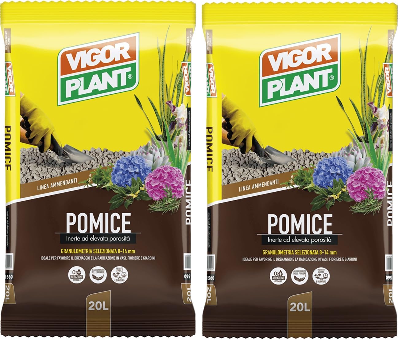 Pierre ponce volcanique 40 l (2 paquets de 20 l) | Granulométrie 8-14 mm | Inerte naturelle pour plantes, drainage du terre, aération des racines, pots, jardinières, parterres et paillis décoratif