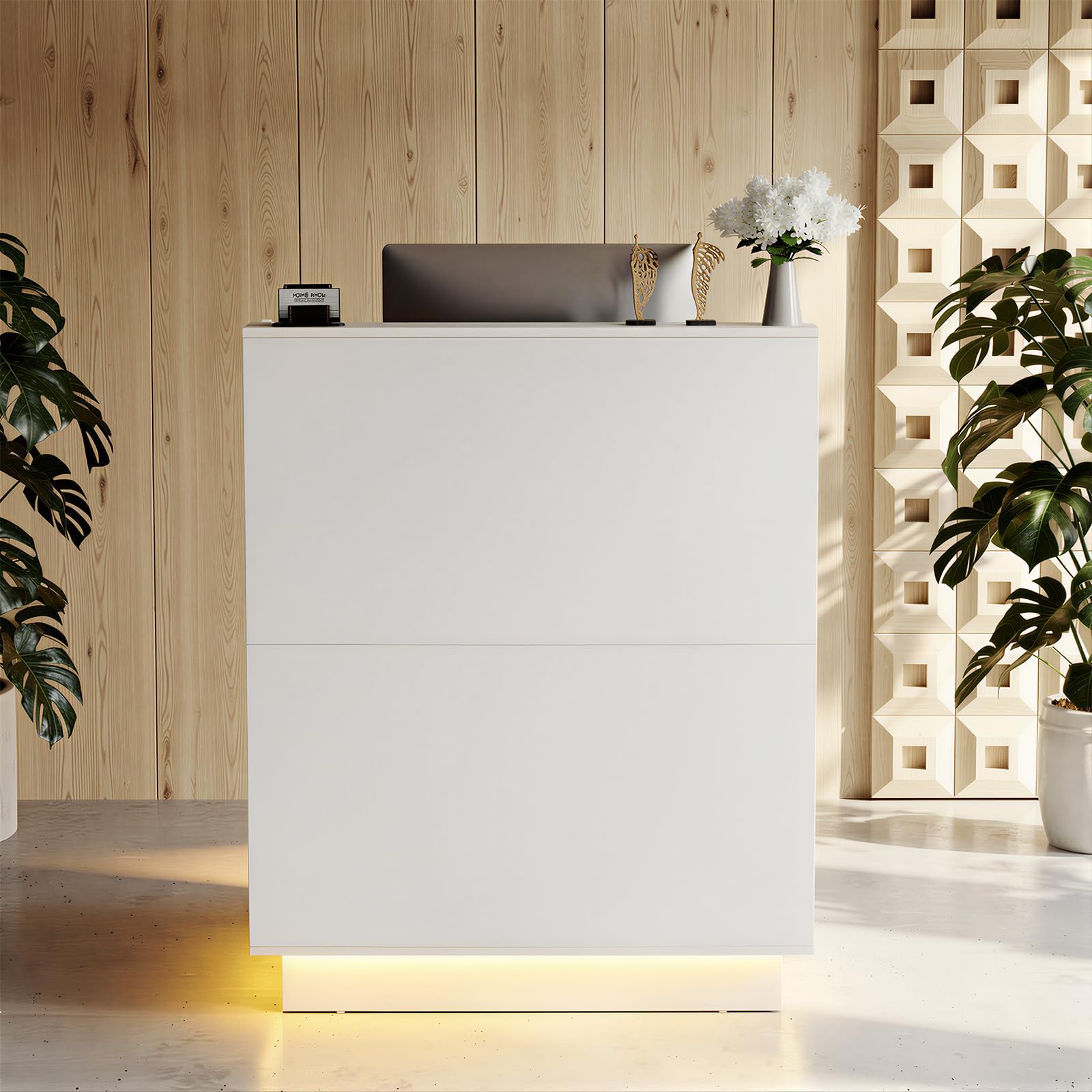 MSFE Mueble Recepción con LED, Mostrador de Recepción Pequeña,Mesa de Oficina con Estantes Ajustables,Cajón con Cerradura,Mostrador de Tienda, Mostrador de Venta,103X80X45cm,para Oficina, cafetería