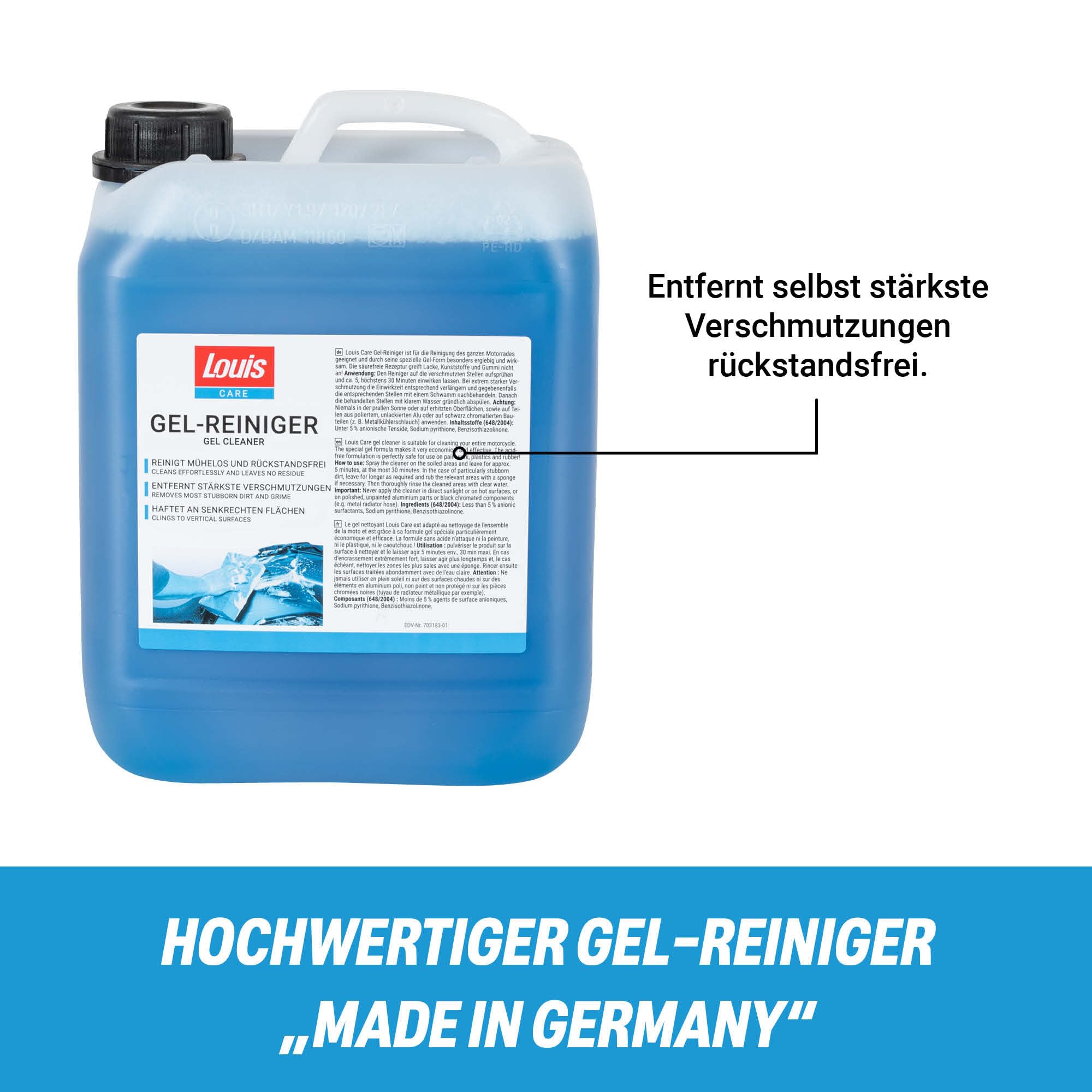 Louis Care Gel-Reiniger 5 L – Motorradreiniger in Gel-Form für die komplette Motorradpflege, entfernt starke Verschmutzungen rückstandsfrei und haftet auch an senkrechten Oberflächen