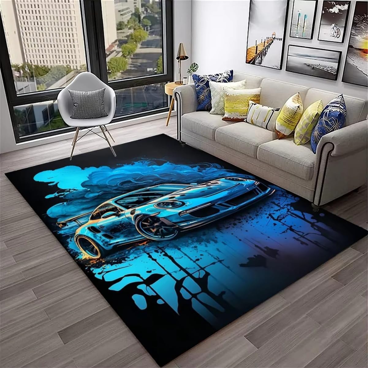 3D Graffiti Voiture Tapis, Garçon Adolescent Chambre Tapis Antidérapant, Cool Néon Ciel Étoilé Voiture de Sport Motif, Salle de Jeux Décoration Rug, Salon Grand Carpet (Color 4,120x180cm)