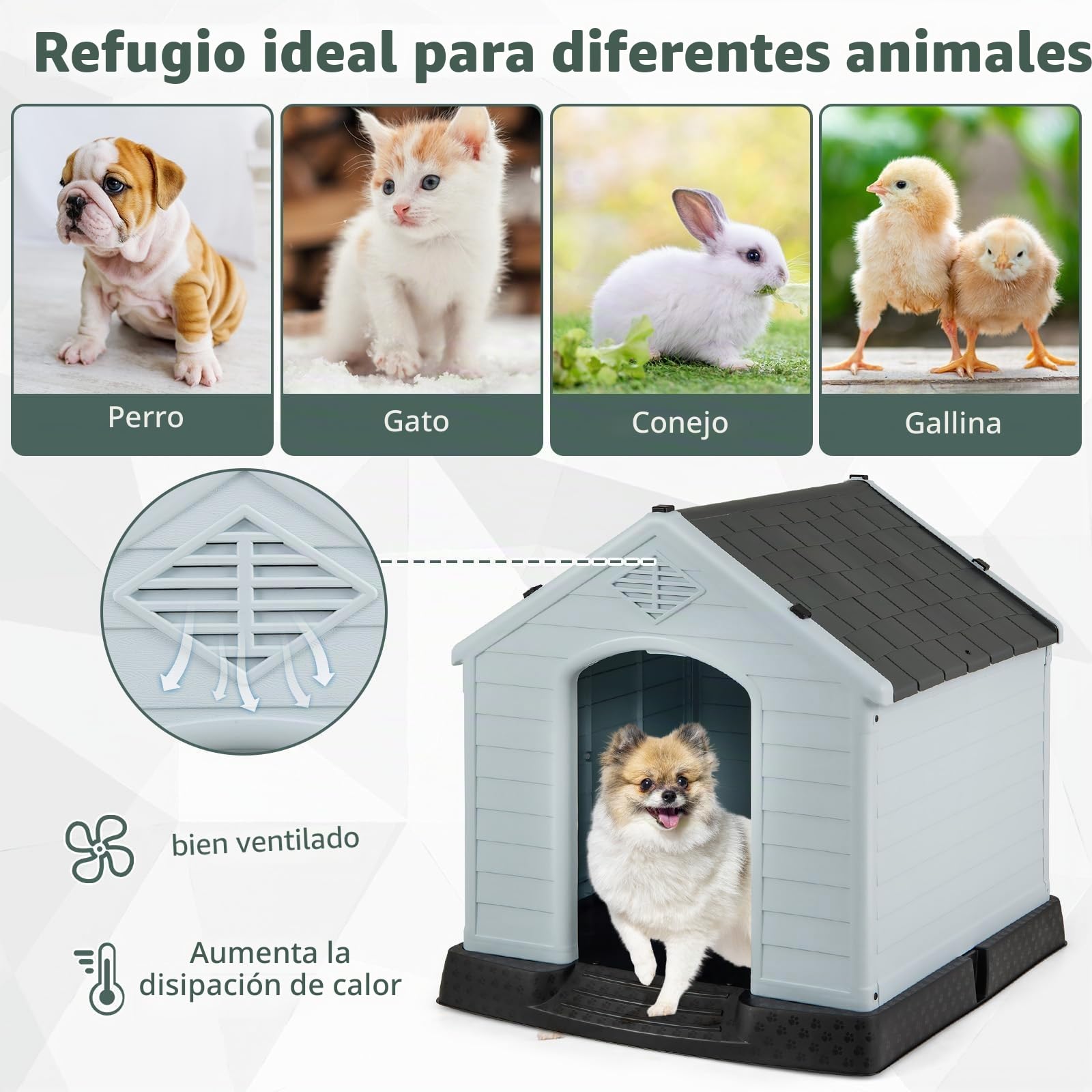 FANTASK Caseta para Perros de plástico para Exteriores, Cueva para Perros con Suelo Elevado y Techo Impermeable, para jardín, Interior y Exterior (70 x 65 x 71,5 cm, Gris)