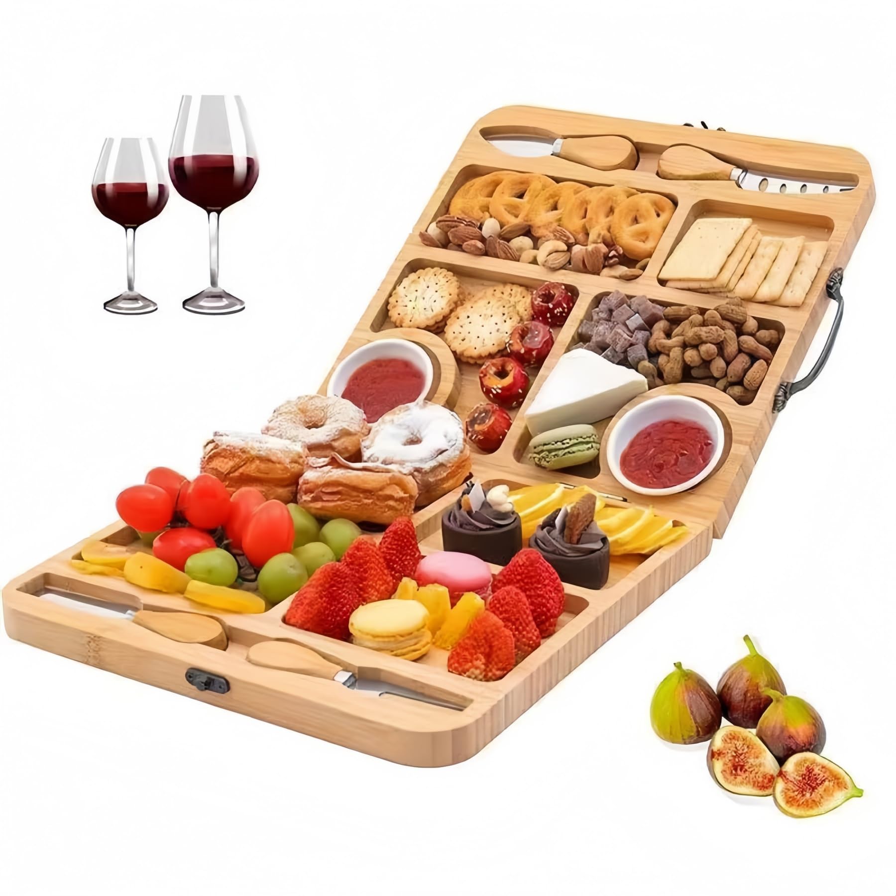 Käsebrett mit Käsemesser Set Tragbare Servierbrett mit Handgriff aus 100% Bambus, 2 in 1 klappbare Käseplatte & Schneidbrett, Charcuterie Snacktablett ideal für Hauswärme Geschenke - 29 x 29cm