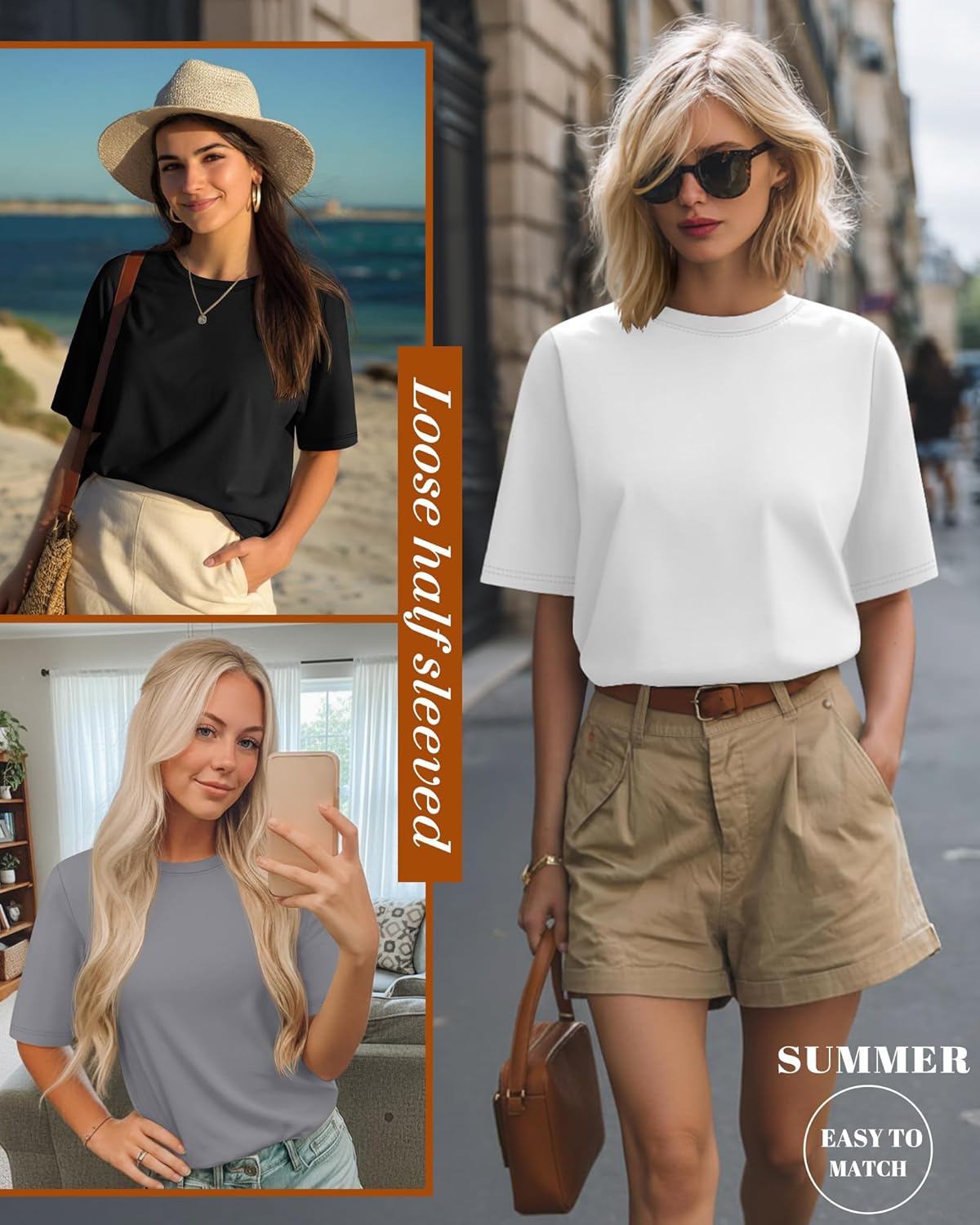 Huukeay 3 Pack Women's Half Sleeve T-Shirts, Crew Neck Elbow Length Tops Loose Casual Basic Tees Summer Cotton Tunic Tops(Black, Light Gray, White,X-Large) - Image 6