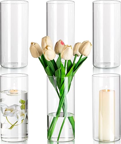 Glasseam Juego de 6 jarrones cilíndricos transparentes, modernos jarrones de vidrio para centros de mesa, jarrones flotantes para decoración,