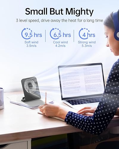 Miniatura 3 de TriPole Ventilador de escritorio pequeño ventilador portátil de 2000 mAh batería recargable ultra silencioso de 4.5 pulgadas, mini ventilador de