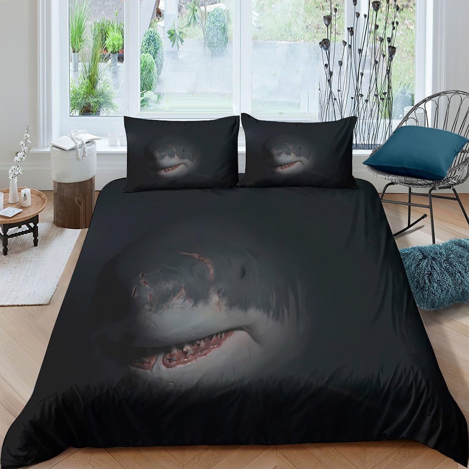 GPLZQXKJNH 3D Printed Shark Ocean Duvet Cover Microfiber Soft Breathable Deep Sea Bedding Set with 2 Pillowcases for Bedroom Single（135x200cm）