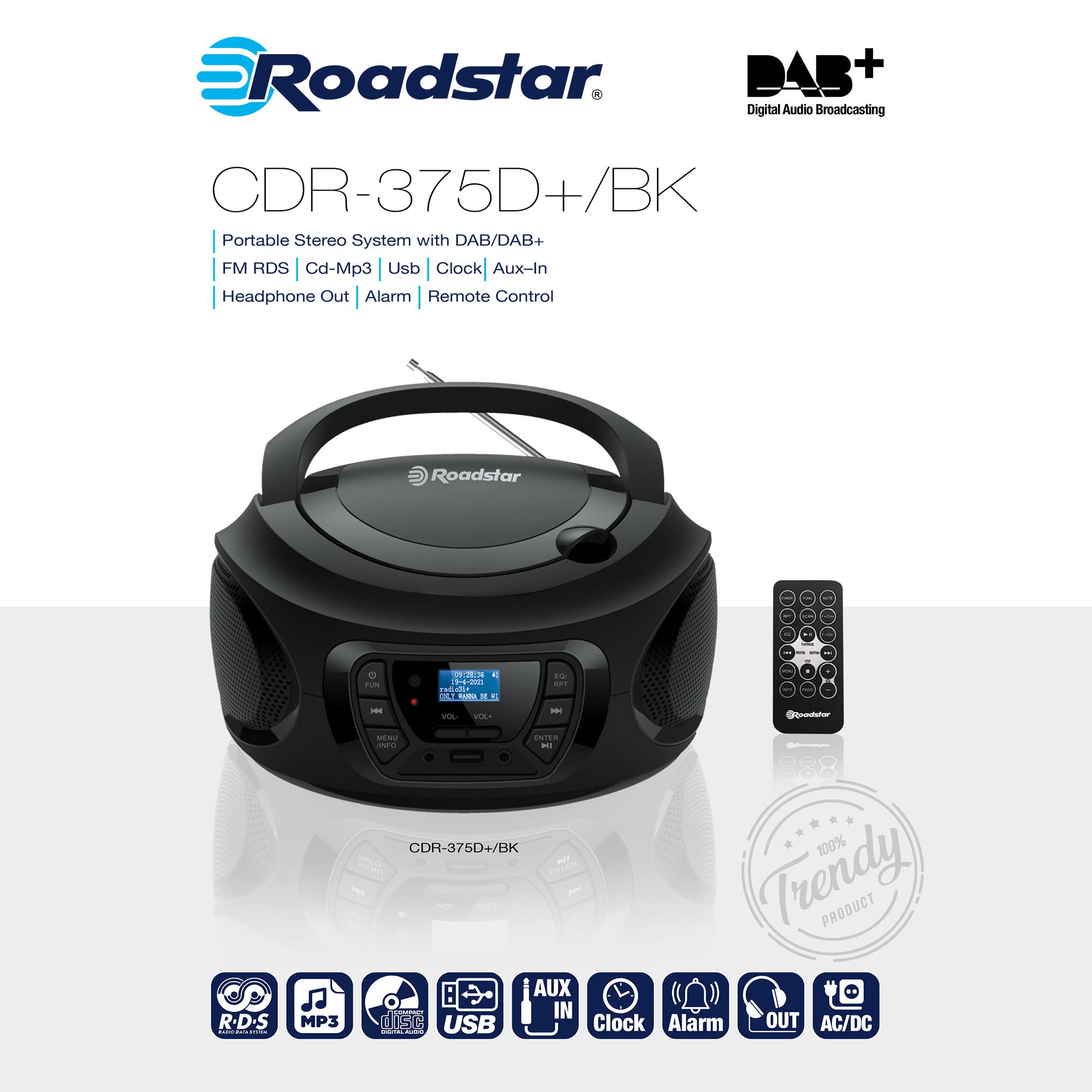 Roadstar CDR-375D+/BK Radio CD Player Portable Dab/Dab+ / FM, Lecteur CD-MP3, CD-R, CD-RW, USB, Stereo, Télécommande, AUX-in, Sortie Casque, Noir