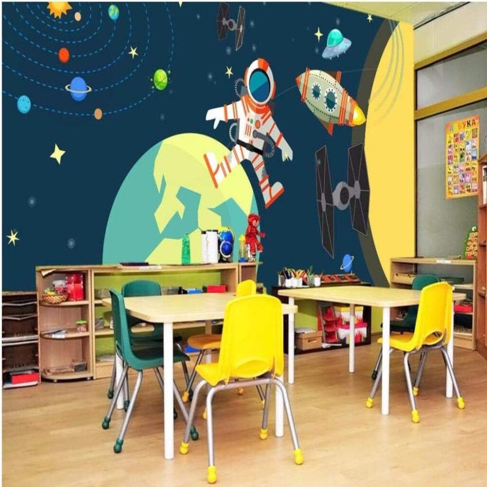 Papel pintado premium hecho a mano con efecto 3D de planetas y cohetes espaciales