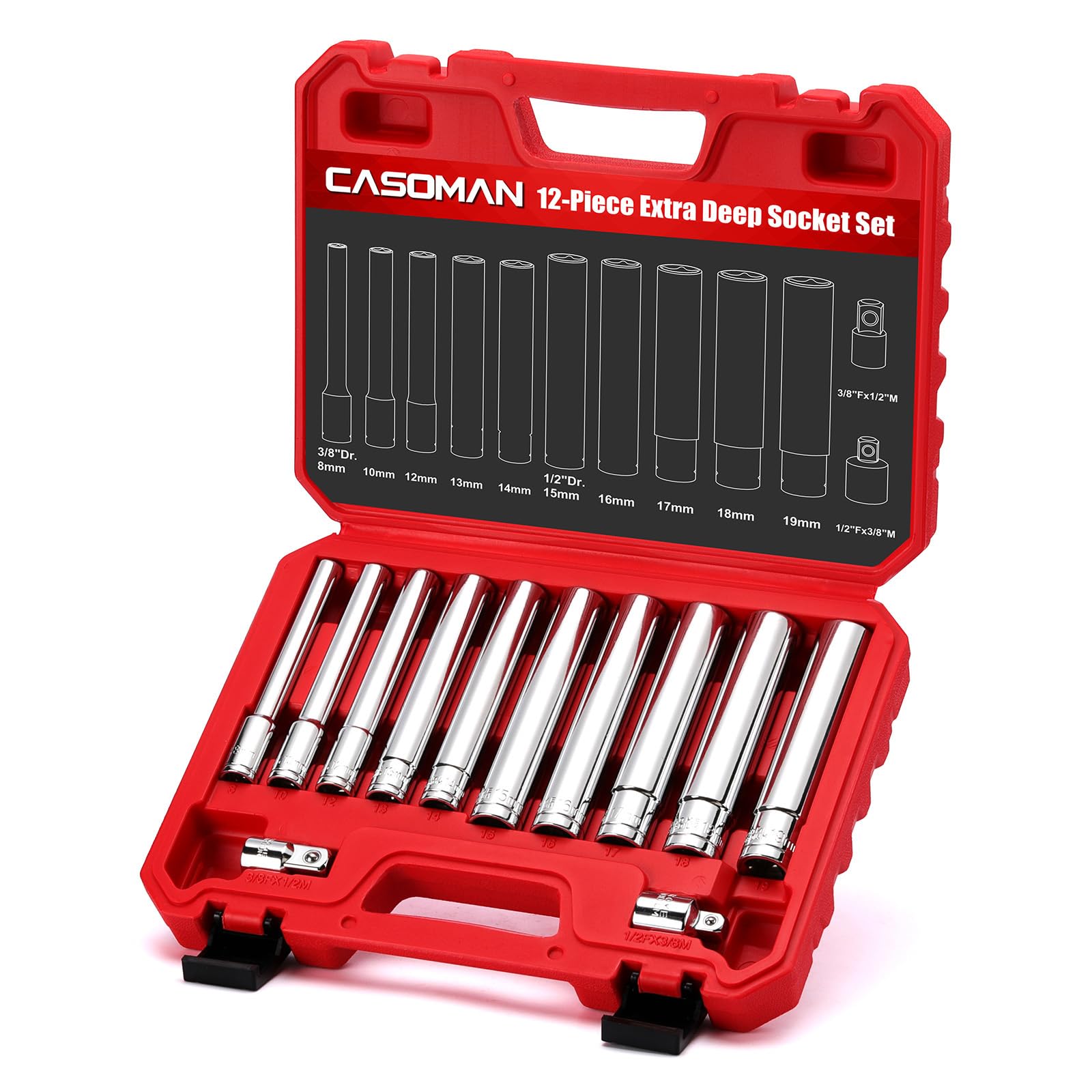 CASOMAN 12 PCS 3/8-Inch & 1/2-Inch Drive Extra Deep Socket Set with Storage Case, 6 Point, 8mm to 19mm, Metric, CR-V, Include Adapters