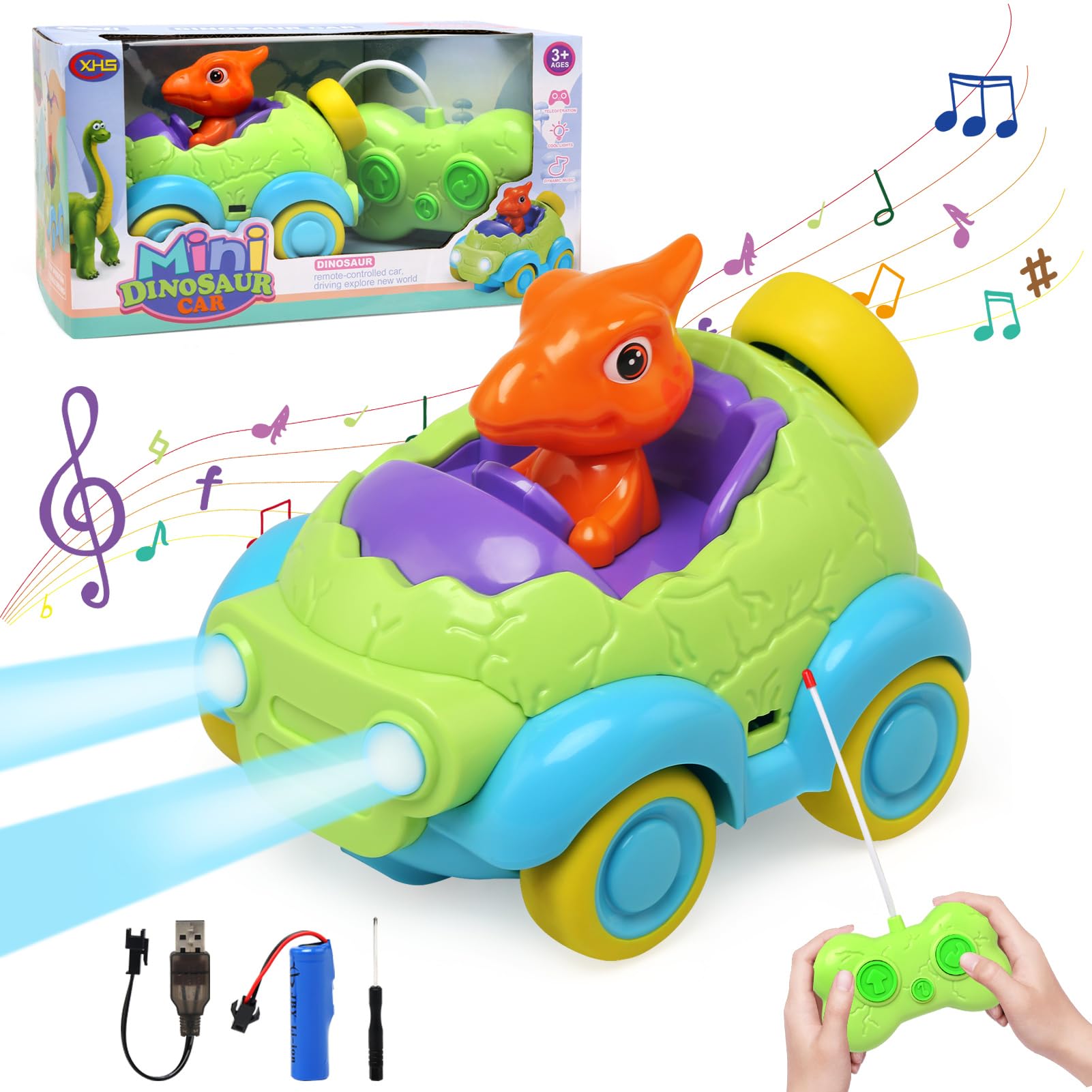 Coche Teledirigido, Dinosaurios Coches Teledirigidos para niños, Juguete Niños Regalo 3 4 5 6 7 8 9 12 Años Niño Niña Coche Juguetes con Luces y Música, Cumpleaños Navidad Regalos de Pascua