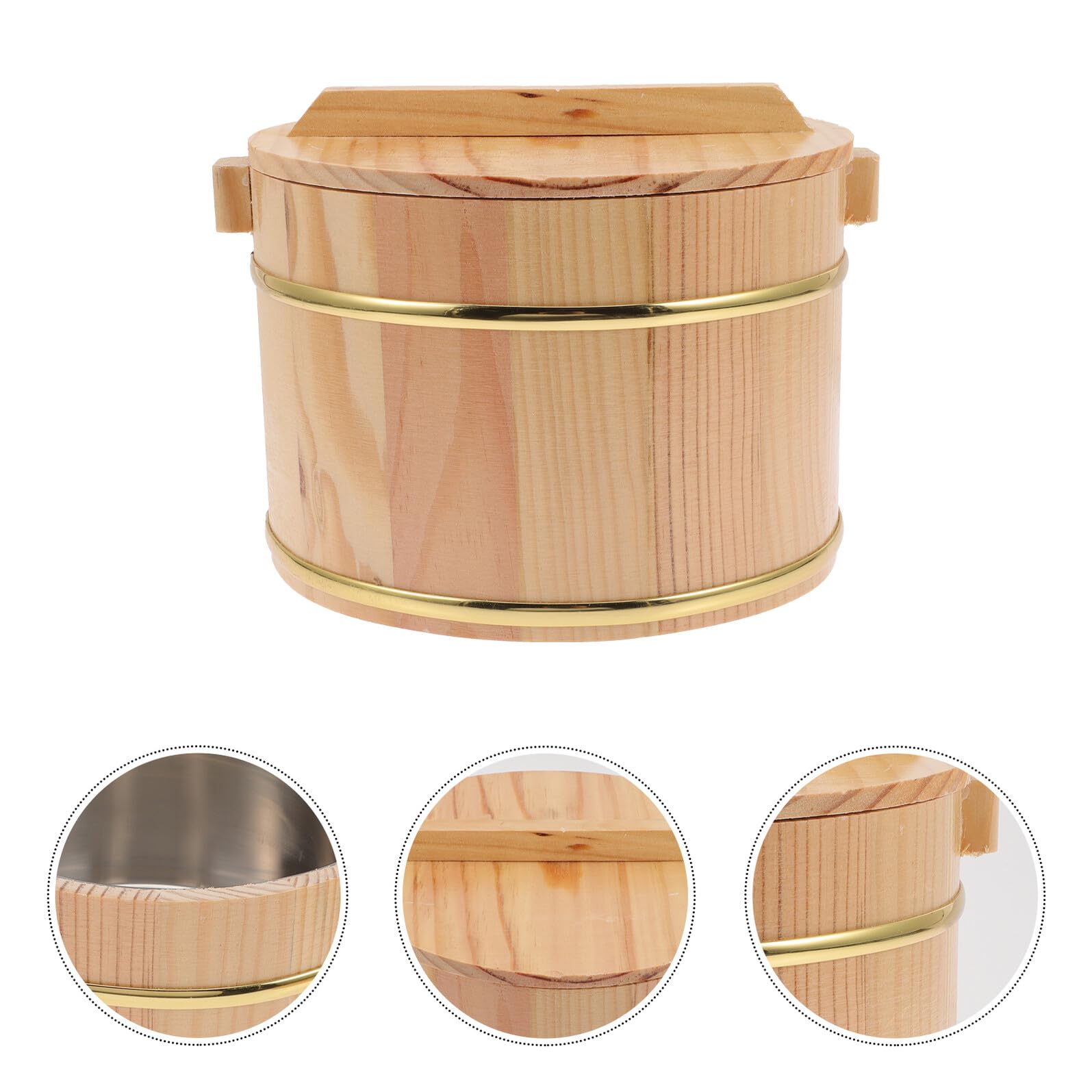 Cabilock Cubo de Arroz Material Madera y Acero Inoxidable con Tapa y Asa de Madera Varios estilos Contenedor para Almacenar Arroz y Servir Alimentos Adecuado para Fiesta