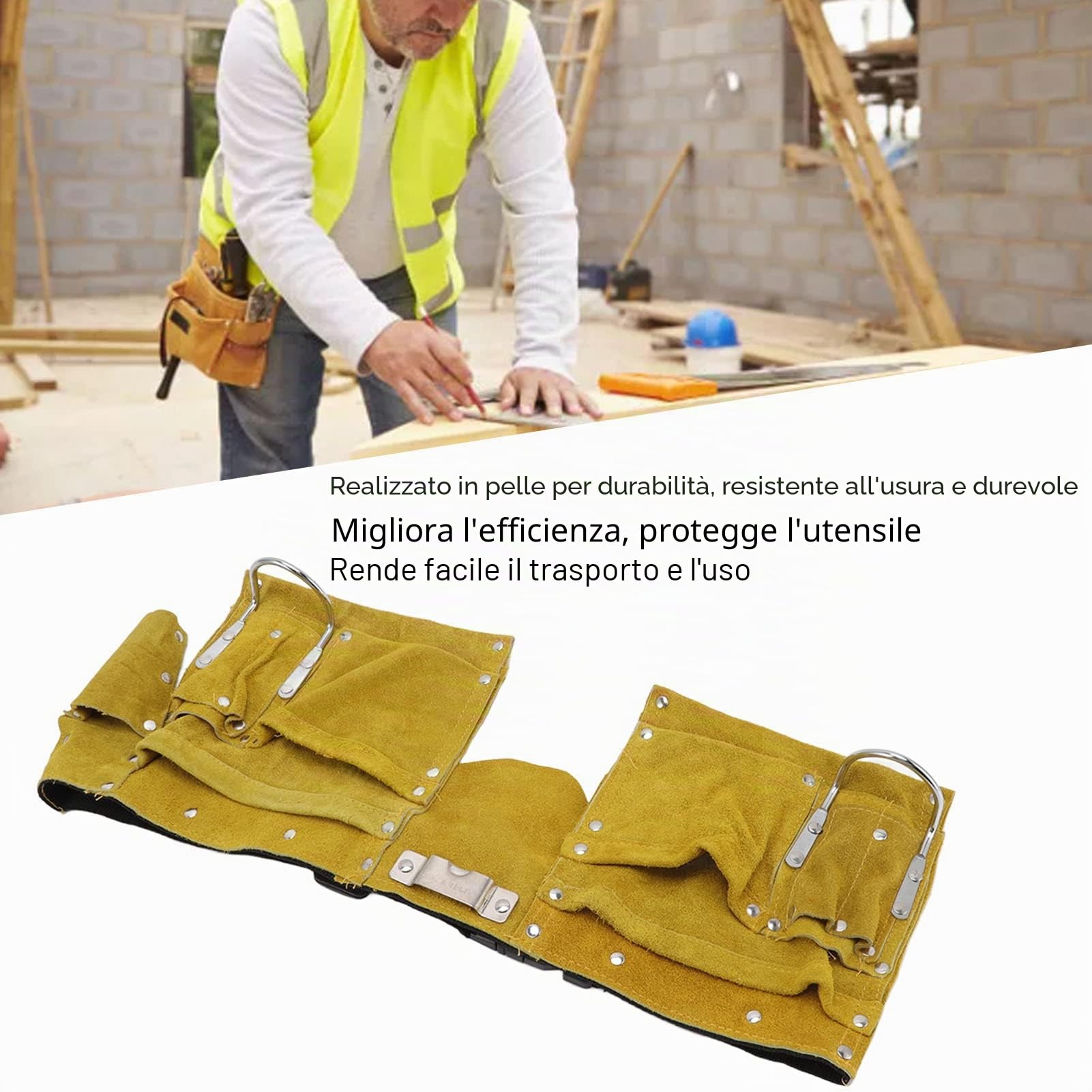 Cintura porta attrezzi in pelle, tasche multiple, fibbia a sgancio
