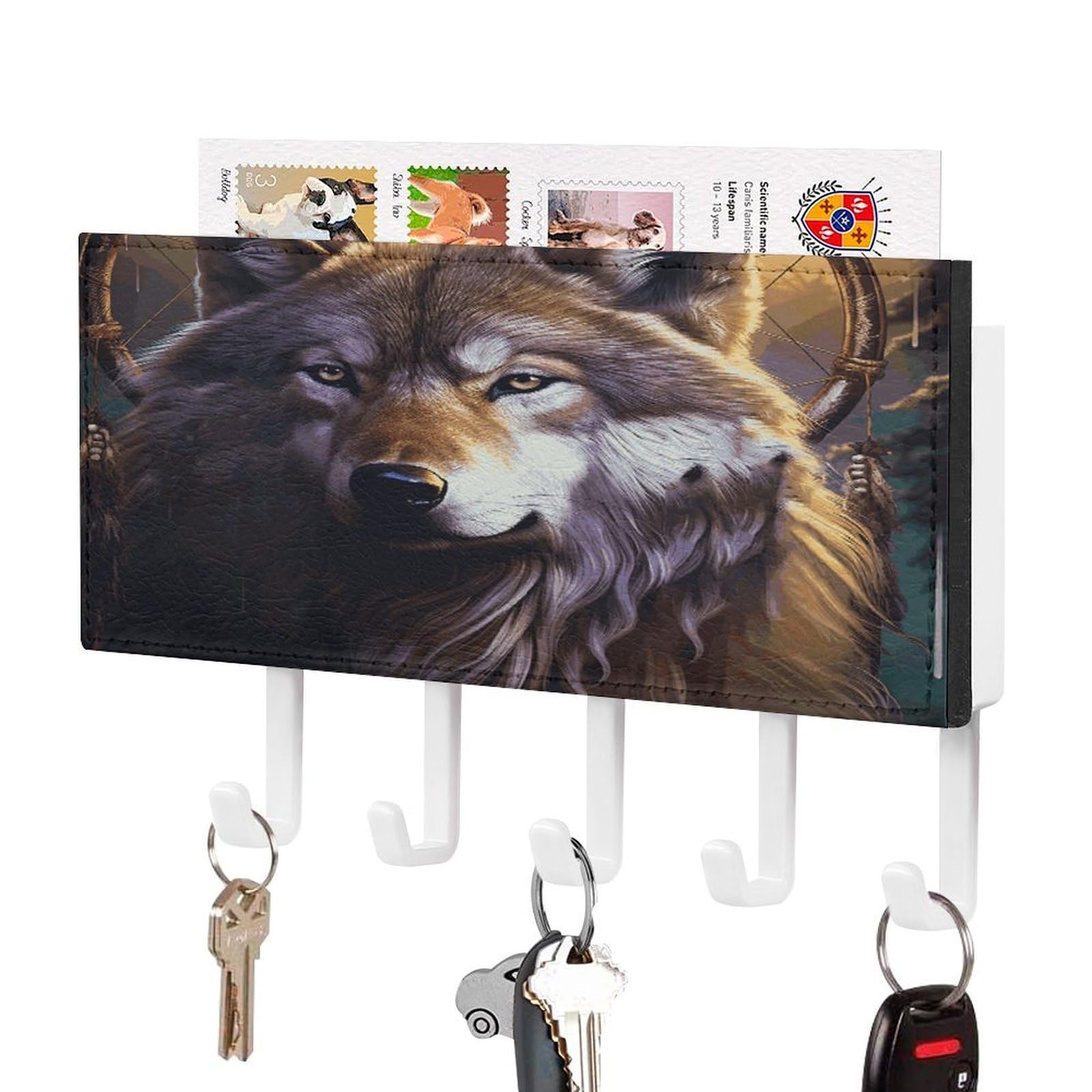 LDGSUPH Wolves and Dream Catchers Key Holder Wall Mount Key Hanger with 5 Hooks Fashion Key Organizer Rack Hanging Key Hooks with Mail Organizer Key Rack for Home Entryway Hallway White-Style