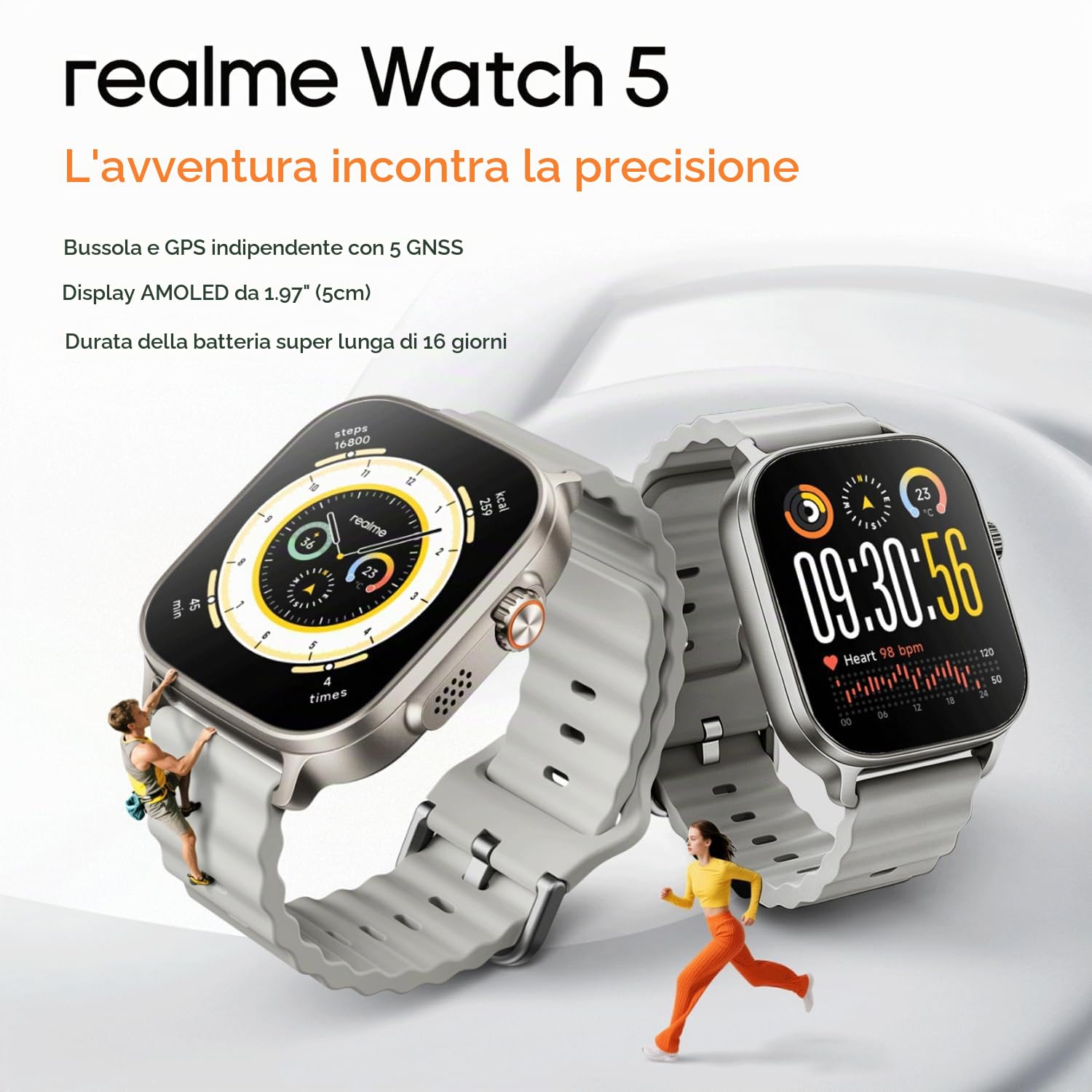 realme Watch 5 Orologio Intelligente, Bluetooth, NFC, GPS, Argento | Schermo AMOLED 1,97", Bluetooth, FC/Sonno/SpO2, IP68