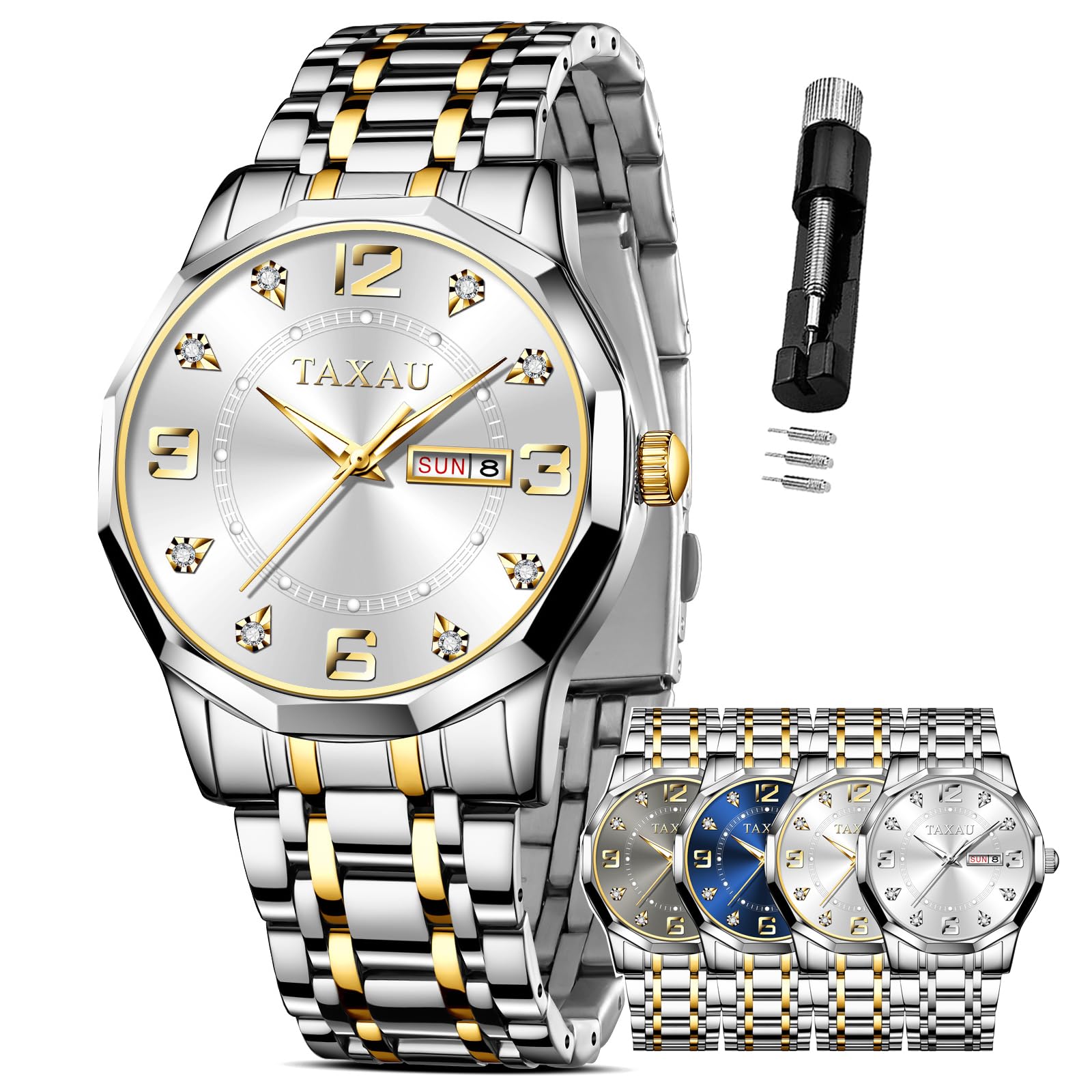 Taxau Mens Watch Fashion Nice Luxury Watches for Men Mens Dress Watch with Day Date Waterproof Stainless Steel Men Watch Analog Quartz Mens Wrist Watches Big Dial Mens Watches, 8401-all silver, (B0CSG2FY5S) Amazon Price History, Amazon Price Tracker