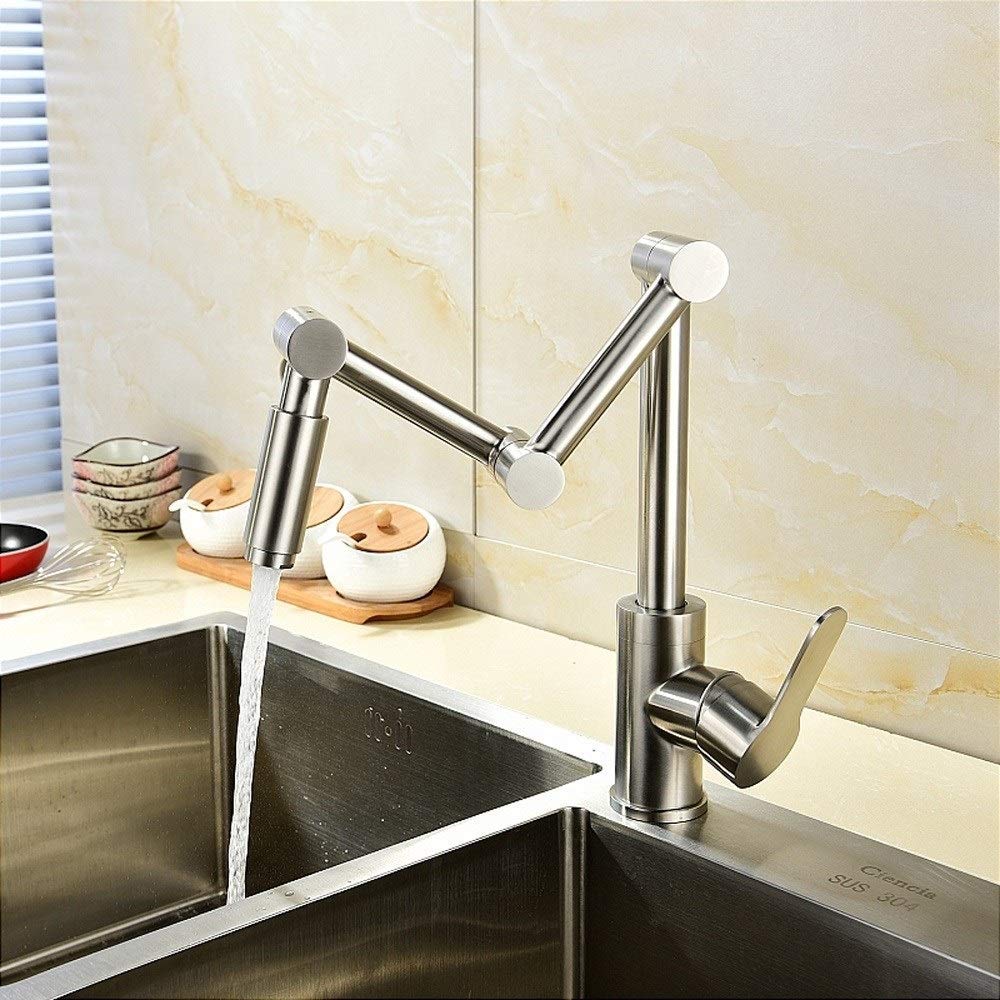 Grifo de Cocina articulado de Acero Inoxidable 304 sin Plomo - Agua fría y Caliente, diseño telescópico de Doble Pliegue con rotación de 360°, Acabado Cepillado contemporáneo.