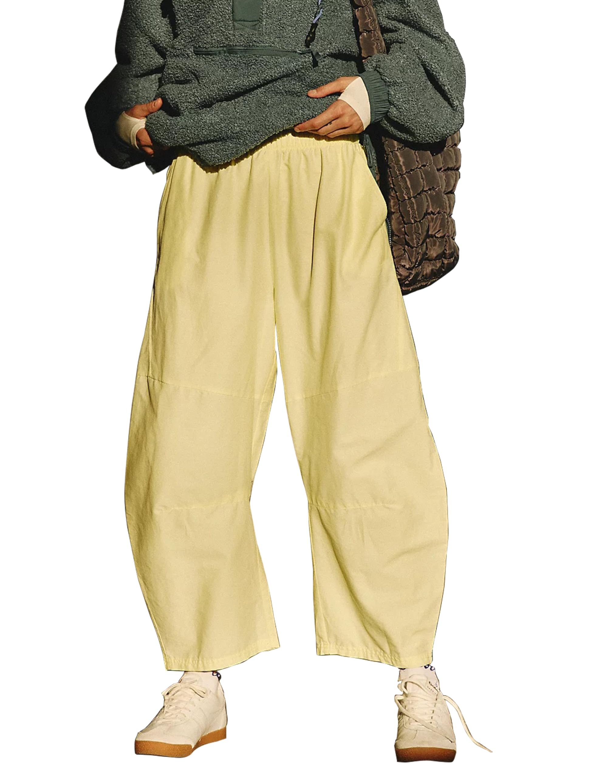 Womens Barrel Leg Pants High Rise Elastic Waist Casual Baggy Wide Leg Pants with Pockets